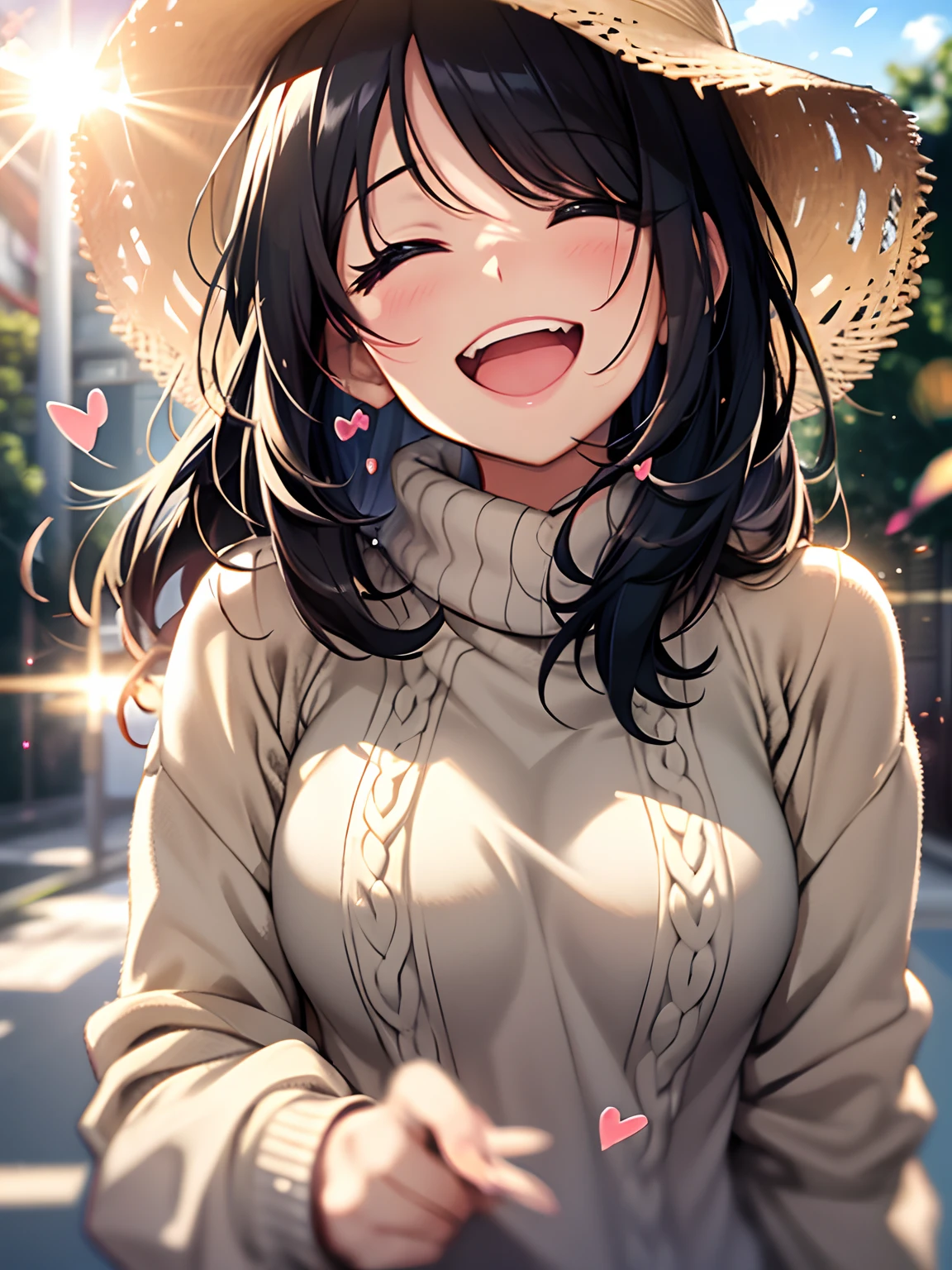 girl with, Black hair, cosy sweater on, Upper body, (great laughter:1.1), (Open mouth:1.1), (Wide open eyes:1.2), Sun glare, Bokeh, depth of fields, Blurry background, light Particle, strong breeze, (Heart particles:1.1), 4K