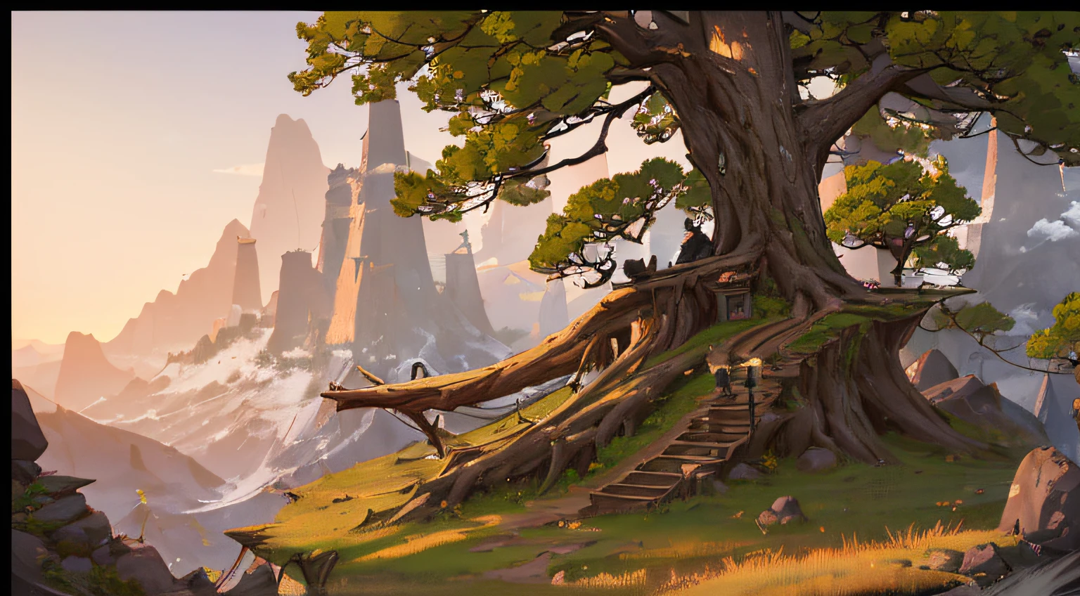 Oriental fantasy atmosphere, (((Dark Night Hours))), (((View from a height of about 5 meters))), (((Bent-Pine))), (((Short, curved old pines as tall as a man))), (((The end of the tree is visible on the screen))), (((Scenery in a narrow forest))), Flat feeling without vanishing point perspective, photorealistic lighting, (((At night when the moonlight is faint))), high-definition details, masterpiece, Best quality at best, (Highly detailed CG integrated 8k wallpaper), (Top Quality), Forest scenery, The bottom half of the screen is flat ground, Land with a moderate mix of soil and grass, The direction of the road is from the left side of the screen to the right side of the screen., (((At the top half of the screen are very small trees and rocks.))), Small rocks, Distant view behind the trees, mountains, The dark hour after sunset, The size of the tree is small and it has a lot of curves,