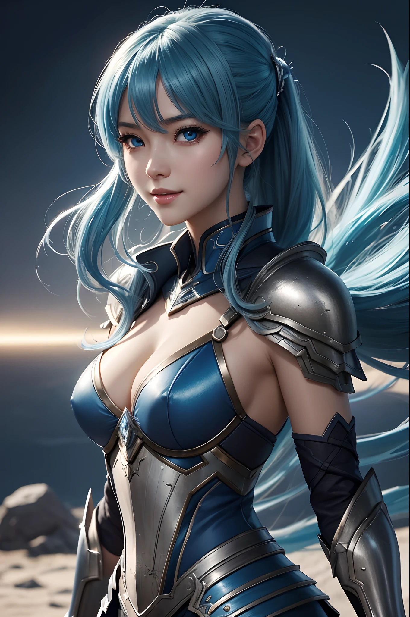 8K,Close-up of a woman in a blue and white dress、blue hairs, Super beauty,(Like the real thing)Laugh wildly,Blue eyes,poneyTail,Chengwei Pan on Artstation、 Yang J 作、 Detailed fantasy art、Stunning character art、 Fan Art Best Art Station、 Magnificent exquisite character art、 Beautiful armor、Highly detailed Artgerm、 Detailed Digital Animation Art、 Artgerm on ArtStation Pixiv、 Girl in Armor,dynamic ungle,超A high resolution,a smile,real looking skin,enticing,A sexy,Active,