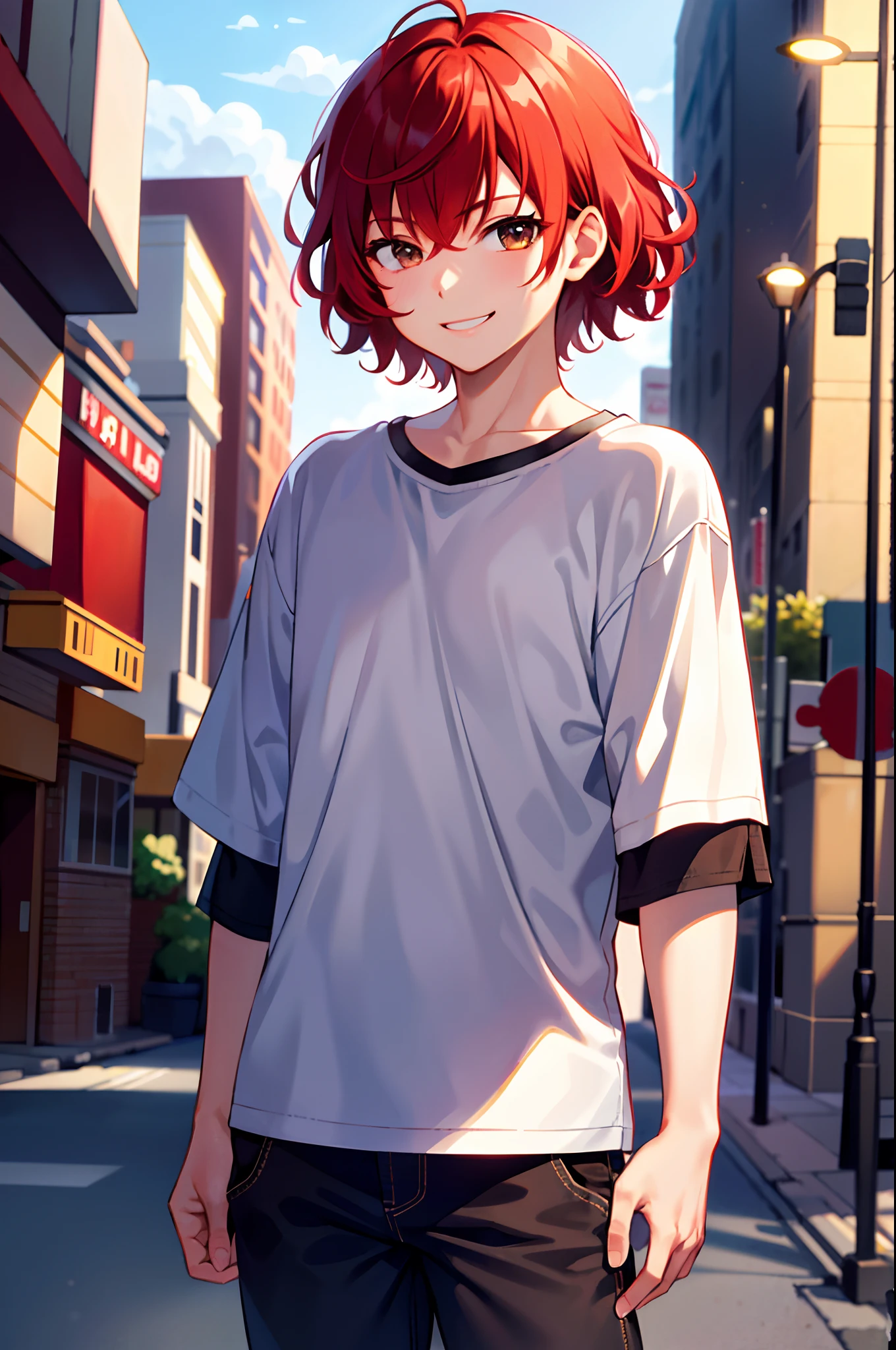 (Best Quality), Ultra-detailed, floating, (Morning Downtown) Cowboy Shot, (1 male) With a friendly smile, (Red hair) curly short hair, (dark brown eyes) Look straight at the viewer, Wear comfortable casual clothes, Mottled lighting