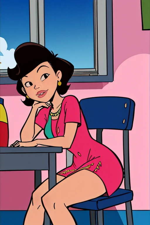 (((Susanlongv2))), 1girl, madure Mujer, Muslos gruesos, tiny breast, (vestido de lunares), sentado en una silla de una clase