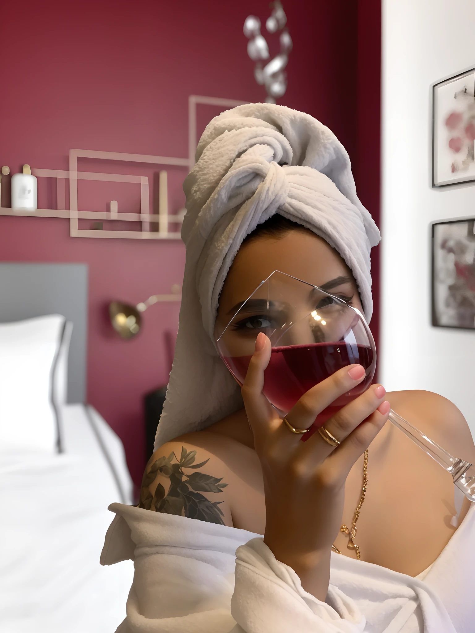 Woman with a towel on her head and a glass of wine, photoshoot for skincare brand, holding a glass of wine, holding a glass of wine in his hands, She holds a glass of wine, with a drink, dressed in robes, 👁🌹👾, in robes, In a simple bathrobe, Red wine by the glass, red wine, Girl holding a glass of wine