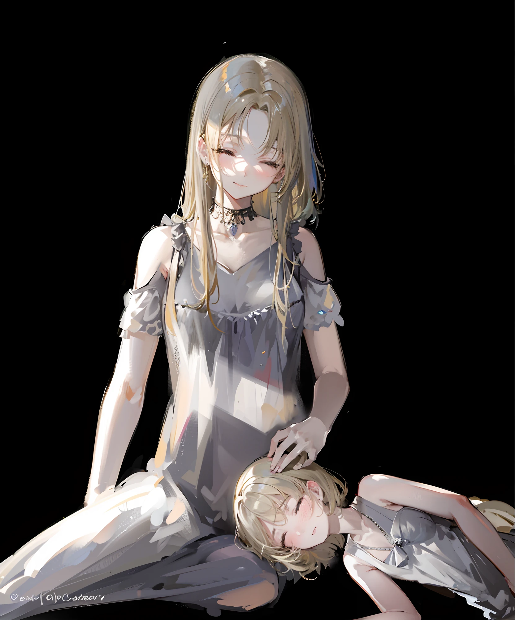 masterpiece, Two girl , incredibly absurd, dress, street, outdoor, rain, neon, long hair, blond hair, close eyes, sleep, Light smile