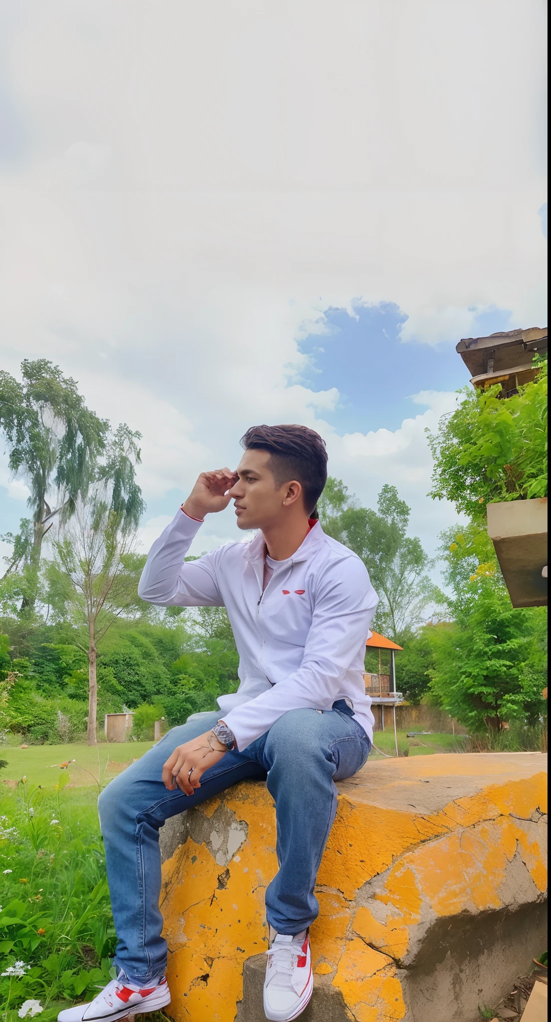 Change the shirt into coolest red color jacket, change shoes into adidas shoes, dont change face