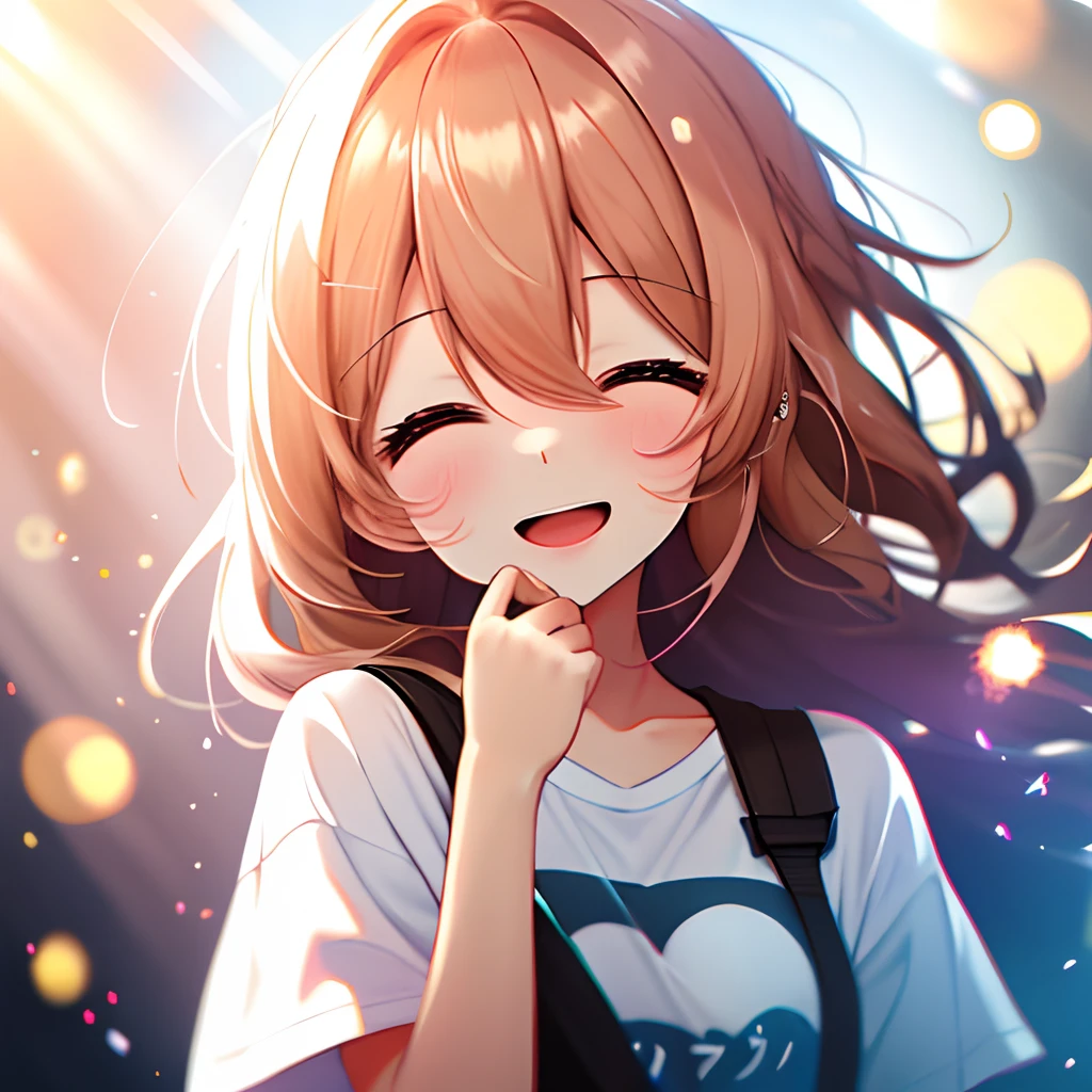 girl with, Wear a comfortable loose T-shirt, Upper body, (laughingly: 1.1), (Open mouth: 1.1), (Open eyes: 1.2), Bright light, Background bokeh, depth of fields, Blurred background, light Particle, strong breeze, (Heart particles: 1.1)
