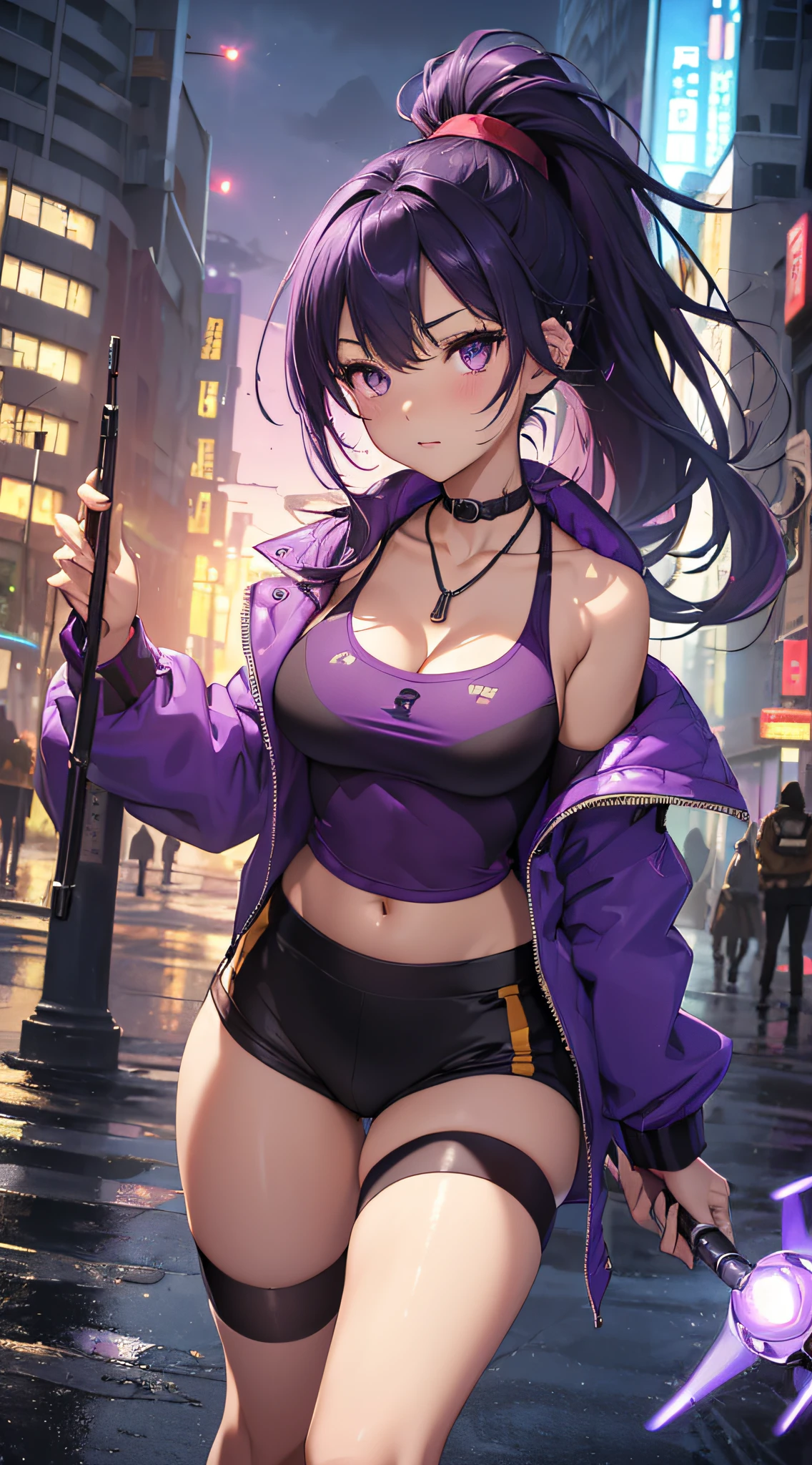 (Masterpiece) (High Detail) (High Res) (Black Skin) Looking from above A young black humanoid FutEred with dark skin and ebony flesh and green eyes and short black hair and goat ears and short dark goat horns and a toned teen body and small to average breasts dressed like a punk wearing a purple jacket and jeans