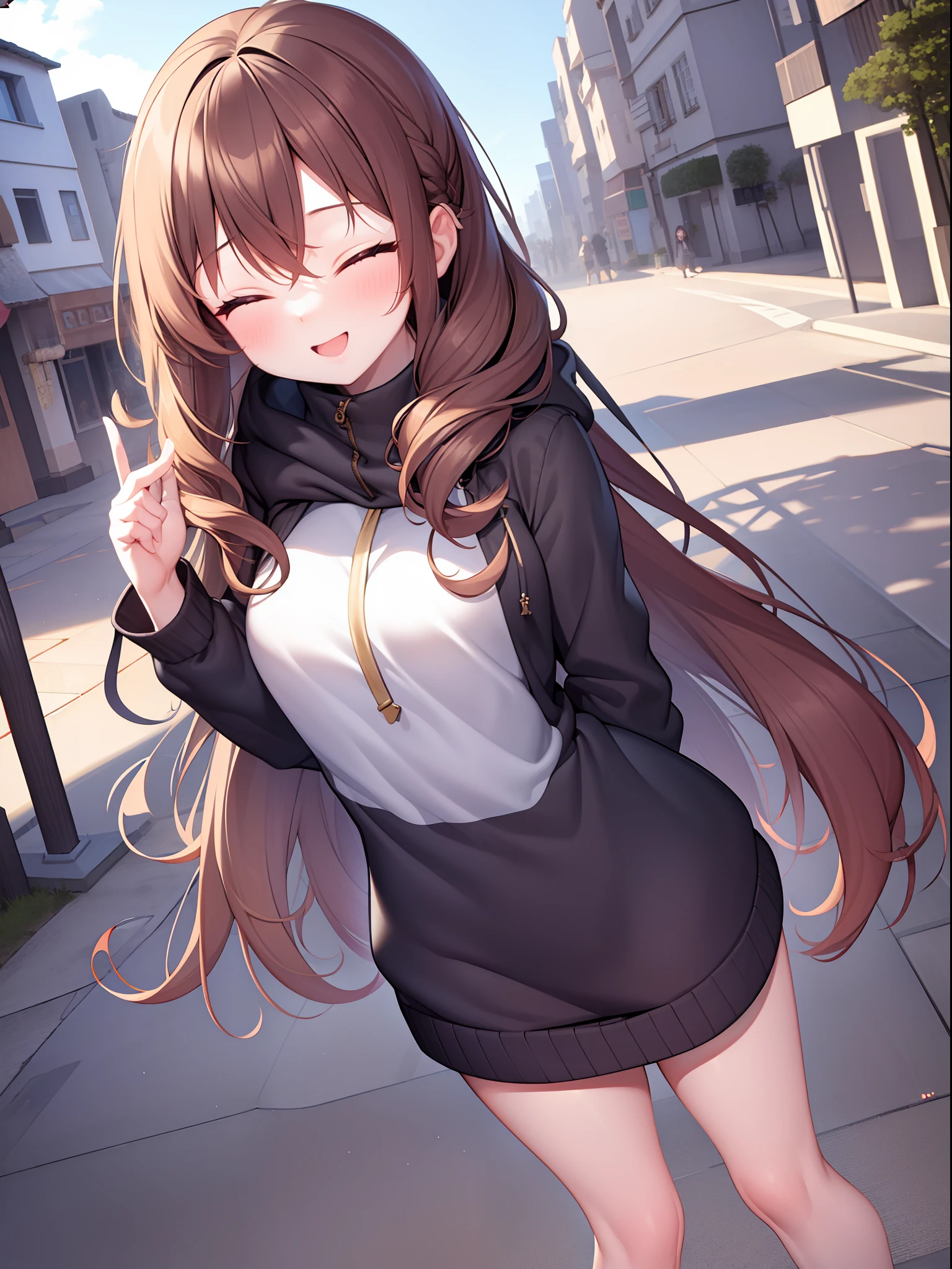 ((masterpiece)), (best quality), 1girl, hoodie, brown hair, long hair, smile, hands behind back, eyes closed, cute, city