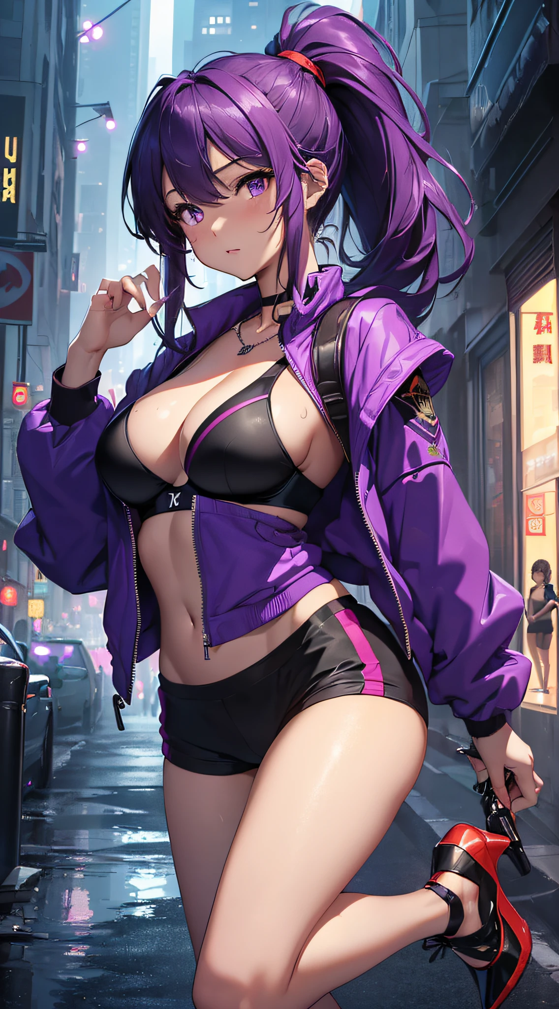 top-quality、Top image quality、​masterpiece、girl with((18year old、Best Bust、big bast,Beautiful purple eyes、Breasts wide open, Purple ponytail、A slender、Large valleys、Purple Sports Bra、Black jacket,Purple shorts,Red high heels、Reflecting the whole body、Purple Necklace、Red face、Slippery texture、head phone,Holding the stun rod in your hand)）hiquality、Beautiful Art、Background with((A city that shines at night)))、Depth((Mass Flying Drones)),masutepiece、visualart、depth of fields、