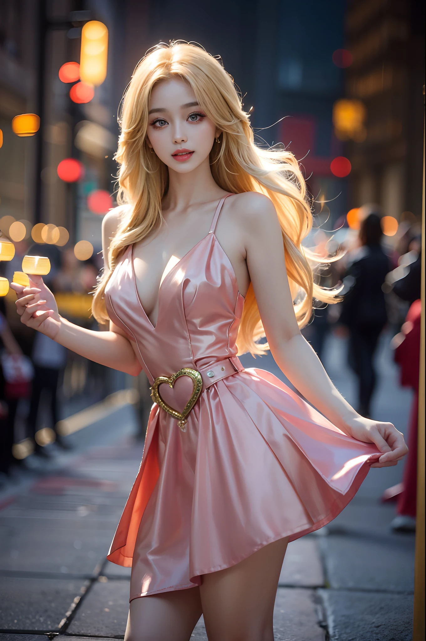 ((knee shot)), Shot from a random perspective, 22-year-old Asian model, slim, Slimming the waist, curlies, Pink princess dress, cropped shoulders, high-waist, Nice belt, golden hair, warm lights, Warm tones Slender legs, Cross ed leg, In the park, Walking casually, warm lights, a warm color palette, Dynamic pose, posing elegantly, blonde hair, streaked hair, hair ornament, heart-shaped pupils, makeup, light smile, shy, licking lips, Romanticism, Social realism, chiaroscuro, motion blur, anaglyph, Sony FE GM, UHD, masterpiece, textured skin, super detail, best quality