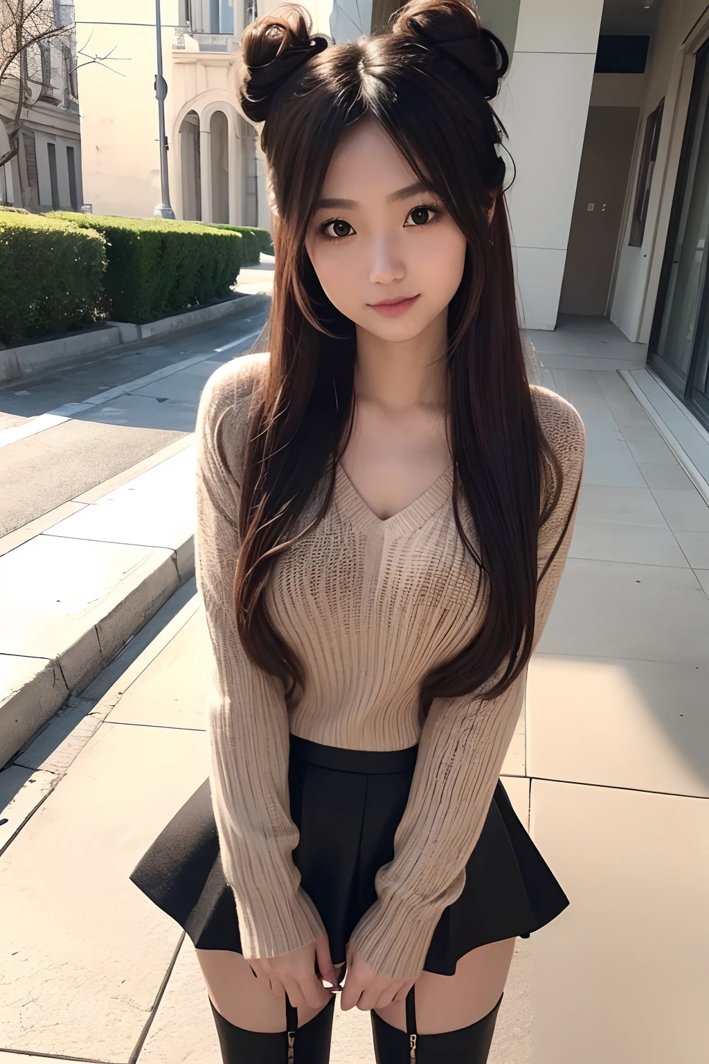 ((An ultra-high picture quality:1.2,ultra-quality:1.2,Photoreality:1.2,超A high resolution,Ultra-fine,独奏,No medical deficiencies,Not medically excessive)),(Perfectly balanced body),Looking at the camera,Smile,blush,(Double bun),(Light brown hair),(Very Long Hair),(V-Neck Sweater),Mini Skater Skirt,Check,Hairpin,Hair ribbon,Knee-high boots,Cowboy Shot,Place hand on chest