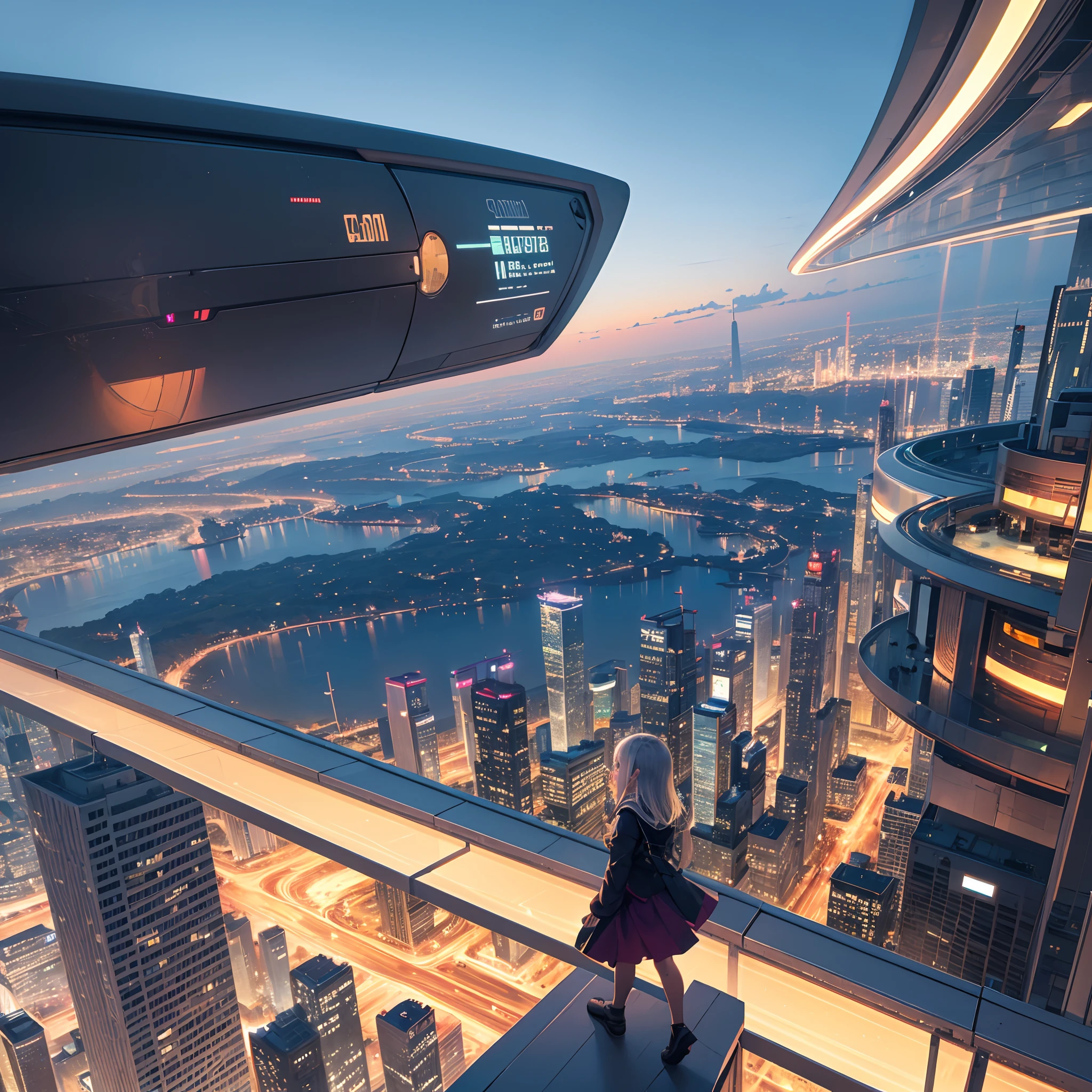 masterpiece,Top image quality,hight resolution,imagem 4k,Fantastic worldview,A city scape,The Cyber World of the Near Future,独奏,Little Girl,