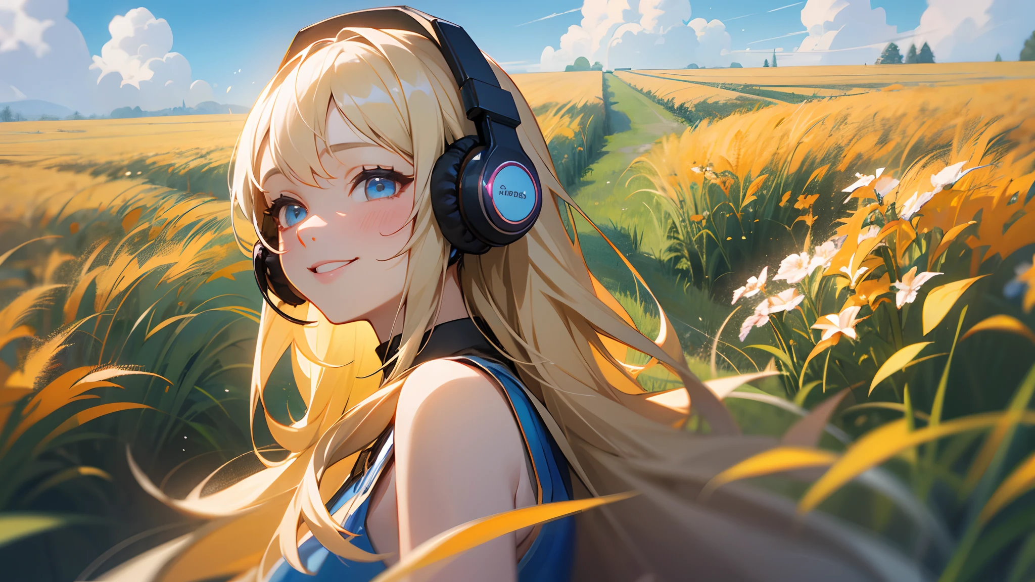girl with long blond hair using headphones, smiling. flowery beautiful field, beautiful blue sky with some white clouds. unreal engine, hyper real --auto --s2