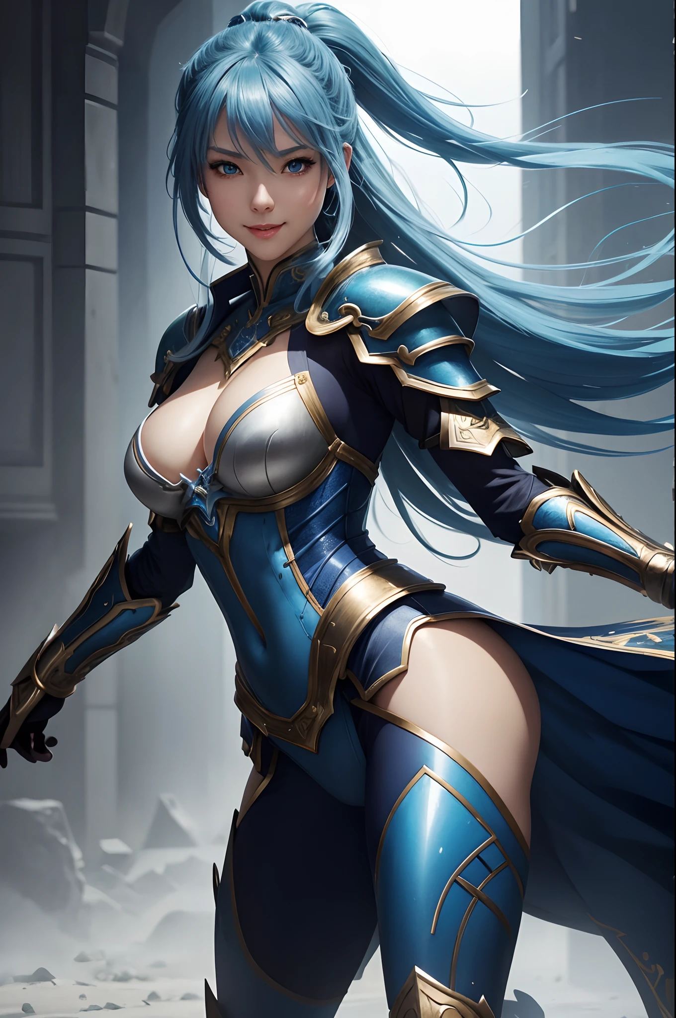 8K,Close-up of a woman in a blue and white dress、blue hairs, Super beauty,(Like the real thing)Open your mouth wide and smile vigorously,Blue eyes,poneyTail,Chengwei Pan on Artstation、 Yang J 作、 Detailed fantasy art、Stunning character art、 Fan Art Best Art Station、 Magnificent exquisite character art、 Beautiful armor、Highly detailed Artgerm、 Detailed Digital Animation Art、 Artgerm on ArtStation Pixiv、 Girl in Armor,dynamic ungle,超A high resolution,a smile,real looking skin,enticing,A sexy,Active,