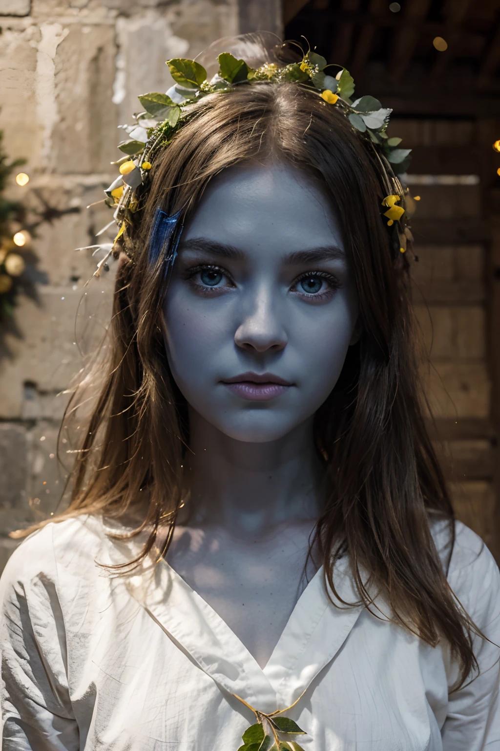 barn, petite girl, blue skin, yellow eyes, hair light, A wreath of leaves on the head, Old Long White Shirt, the night, Medieval City