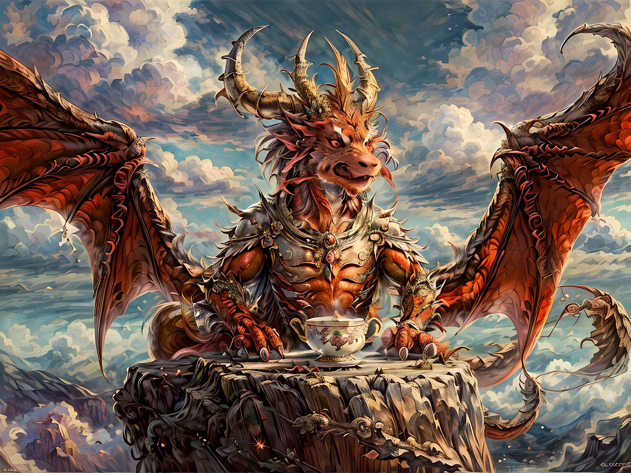 a picture of a red dragon sitting on a massive rock , holding a tea cup (drinking hot tea from a porcelain tea cup: 1.5) (best details, Masterpiece, best quality :1.5), dragon_real cloudy skies background, an epic red dragon (best details, Masterpiece, best quality :1.5) extremely detailed dragon,  horns, dragon_wings, dragon wings wide spread, ultra detailed face,  the tea cup is majestic, with intricate decorations  (best details, Masterpiece, best quality :1.3), steam rising from the tea cup, birds view, sun rays, red divine rays, sun rays reflected in clouds (best details, Masterpiece, best quality :1.5), sense of serenity sense of awe majestic atmosphere, ultra best realistic, best details, best quality, 16k, [ultra detailed], masterpiece, best quality, (extremely detailed), ultra wide shot, photorealism, depth of field, hyper realistic painting,