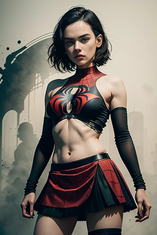 Daisy Ridley、Sticking out the navel、newyork、She wears a torn Spider-Man suit,wearing skirt、 Red and black color scheme,Dynamic、masterpiece、top-quality、ultra-detailliert、ighly detailed、beautiful detailed brilliance、超A high resolution