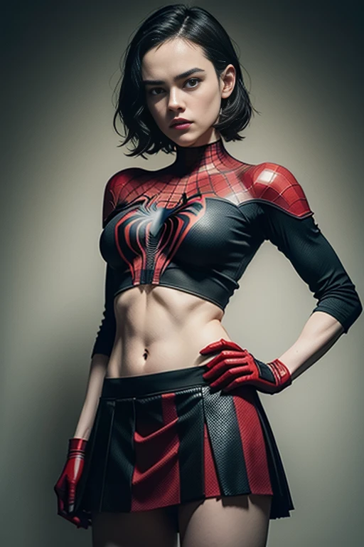 Kirsten Dunst、Sticking out the navel、newyork、She wears a torn Spider-Man suit,wearing skirt、 Red and black color scheme,Dynamic、​masterpiece、top-quality、ultra-detailliert、ighly detailed、beautiful detailed brilliance、超A high resolution