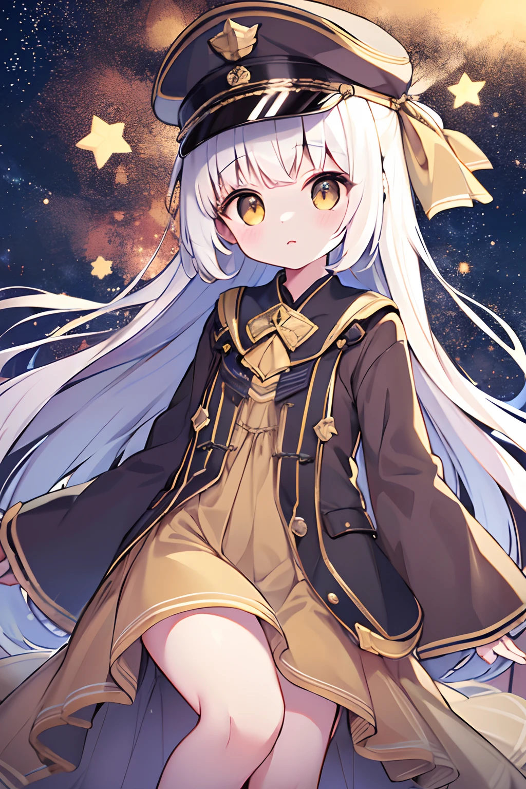(Best Quality)),((masutepiece)),((Ultra-detailed)),(Illustration),(Detailed light),(extremely delicate and beautiful),(8K、1girl in、Lori)、Silvery hair、Yellow eyes、Dresses based on brown、Dresses with the image of stars、Dresses that are easy to move in、(Brown dress)Background Simple、The upper part of the body、Delicate eyes、Star Eyes、Stars in the eyes、Viewer's Perspective、Long、Adventure hat、Pilot's Cap、