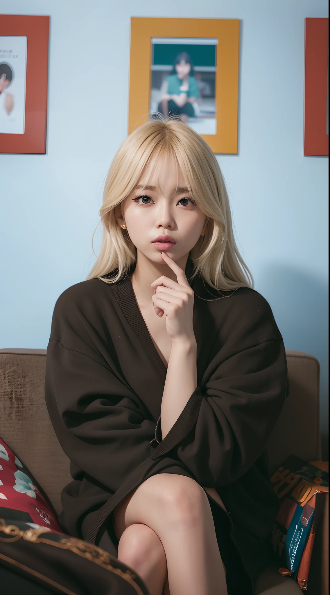 Blonde woman sitting on couch，hand on chin, Shin Jinying, jaeyeon nam, sun yunjoo, portrait of jossi of blackpink, Choi Hyun-hwa, portrait of female korean idol, lee ji eun, Lee Ji-eun, portrait of kpop idol, ji-min, park jimin, with short hair, mid shot portrait，8K，photography of，Rich in detail