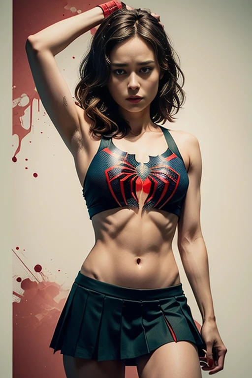Brie Larson、Sticking out the navel、newyork、She wears a torn Spider-Man suit,wearing skirt、 Red and black color scheme,Dynamic、masterpiece、top-quality、ultra-detailliert、ighly detailed、beautiful detailed brilliance、超A high resolution