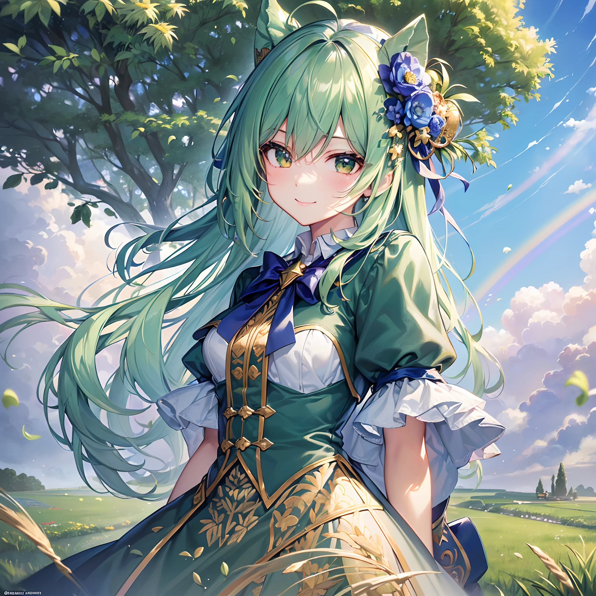 ((Finest quality)),(超A high resolution),(ultra-detailliert),(Meticulous portrayal),((Best Anime)),(Finest works of art),sharpnes,Clair,Ultra-Precision Art,The art of astounding depiction,Beautiful art with intricate and detailed details:1.3, ((grass field:1.8)),((Rainbow in the sky)),((blue-sky:1.4), (One girl),kawaii:1.5 Smile,pleasant,cheerful, rays of sunshine