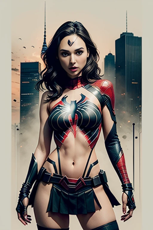 Gal Gadot、Sticking out the navel、newyork、She wears a torn Spider-Man suit,wearing skirt、 Red and black color scheme,Dynamic、masterpiece、top-quality、ultra-detailliert、ighly detailed、beautiful detailed brilliance、超A high resolution