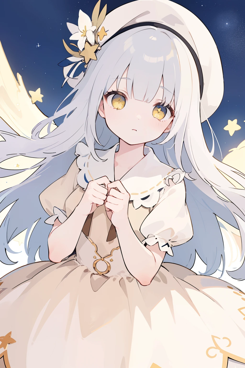 (Best Quality)),((masutepiece)),((Ultra-detailed)),(Illustration),(Detailed light),(extremely delicate and beautiful),(8K、1girl in、Lori)、Silvery hair、Yellow eyes、Dresses based on brown、Dresses with the image of stars、Dresses that are easy to move in、(Brown dress)Background Simple、The upper part of the body、Delicate eyes、Star Eyes、Stars in the eyes、Viewer's Perspective、Long、Adventure hat、Pilot's Cap、