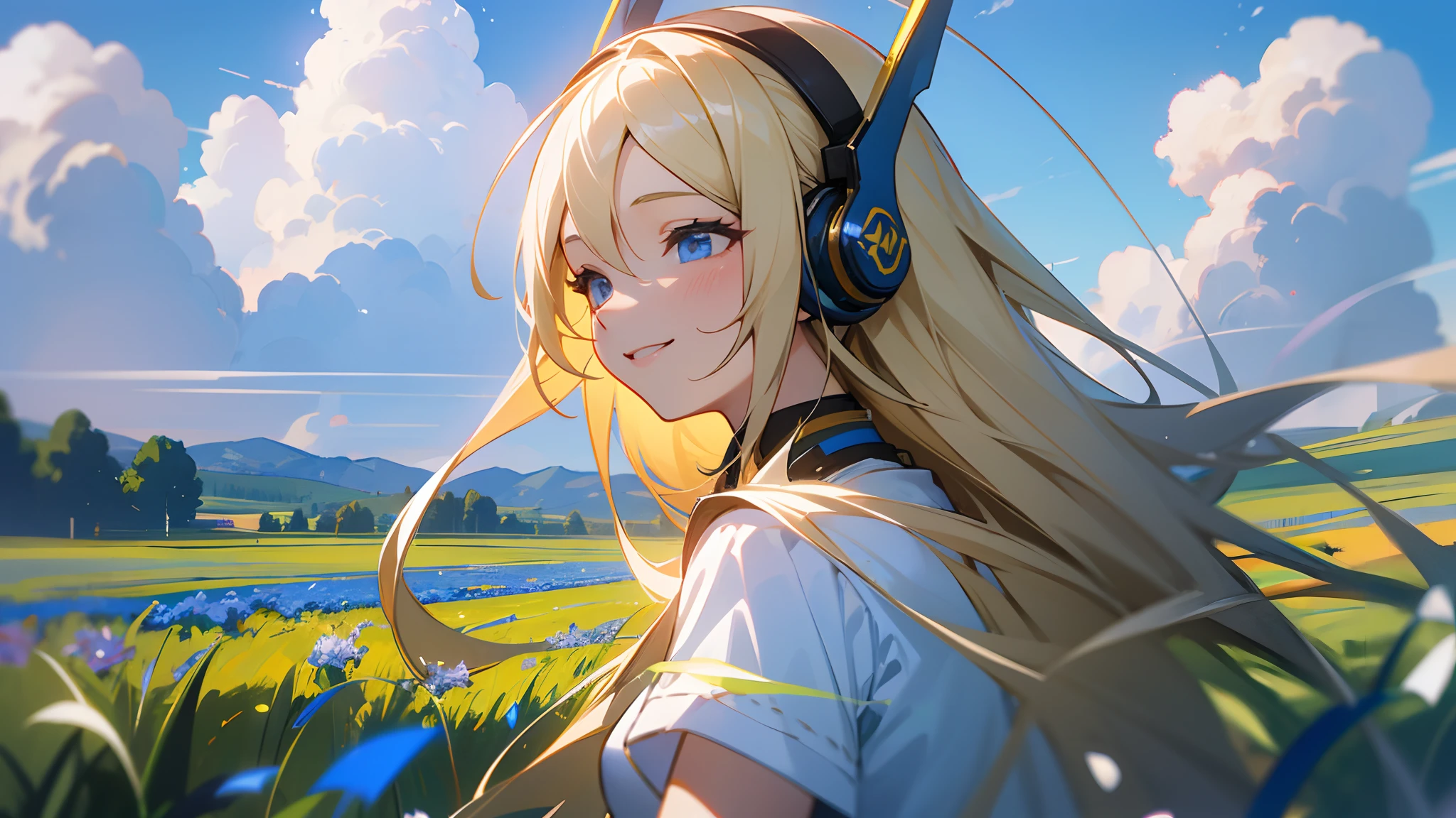 girl with long blond hair using headphones, smiling. flowery beautiful field, beautiful blue sky with some white clouds. unreal engine, hyper real --auto --s2