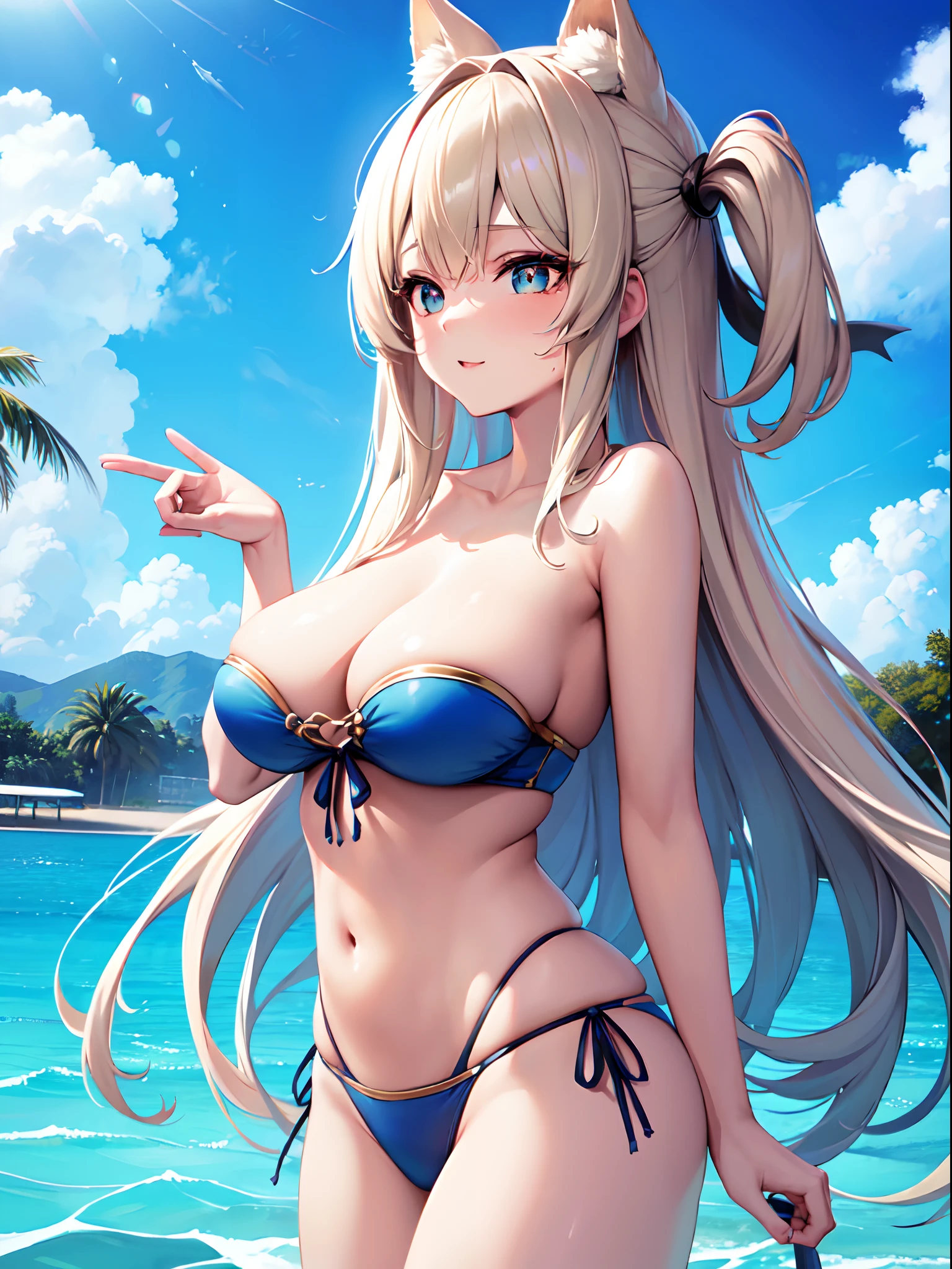 ((Best Quality)), (ultra-detailliert), ((Extremely detailed)), (Beautiful), ((Kawaii Girl)), ((UHD)), (masterpiece), (high quality), (best quality), (4K), (high quality), 1, solo girl, 1girl, (platinum blond hair), parted bangs, (hair intakes), long hair, (hair two side up long), ((jade colored eyes)), slanted eyes, large breasts, slender body, bandeau bikini, lite blue, Pool Background, (blue sky:1.3), solar, sunlight, anime, ;D