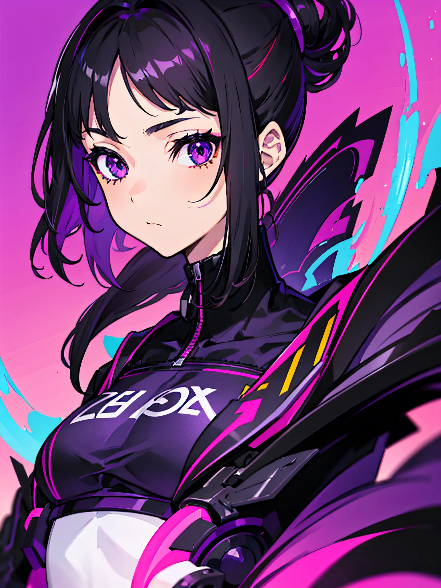 1girl, black hair, cool, purple eyes, cool outfit, cool hairstyle, hair up, portrait, colorful background, 2 colors background, absurdres, high res, ultrasharp, 8k, masterpiece, looking at viewer