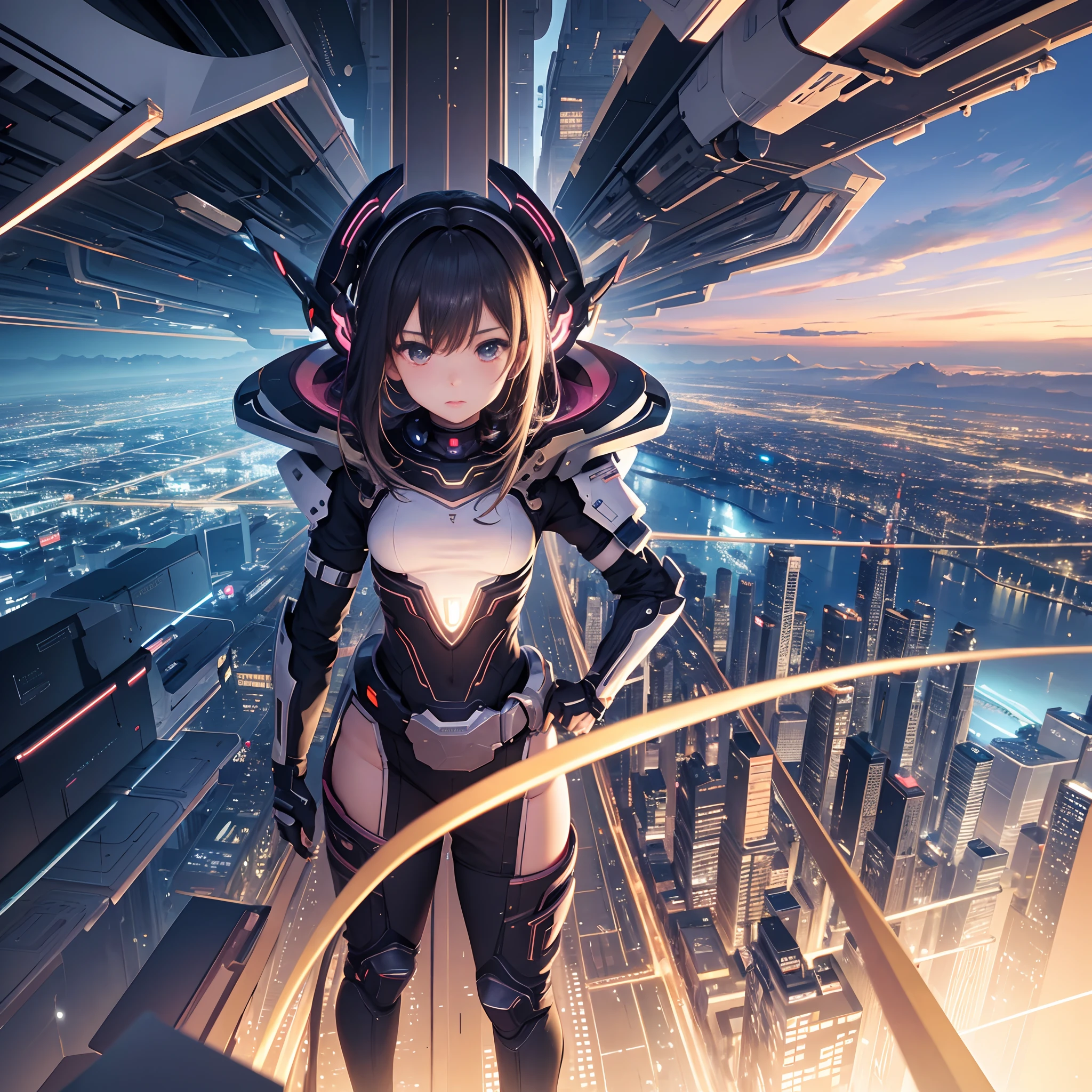 masterpiece,Top image quality,hight resolution,imagem 4k,Fantastic worldview,A city scape,The Cyber World of the Near Future,独奏,Little Girl,