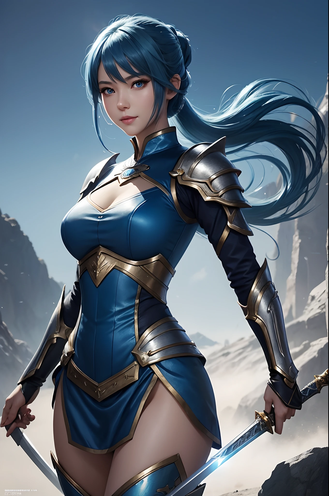 8K,Close-up of a woman in a blue and white dress、blue hairs, Super beauty,(Like the real thing)Swing a sword,Blue eyes,poneyTail,Chengwei Pan on Artstation、 Yang J 作、 Detailed fantasy art、Stunning character art、 Fan Art Best Art Station、 Magnificent exquisite character art、 Beautiful armor、Highly detailed Artgerm、 Detailed Digital Animation Art、 Artgerm on ArtStation Pixiv、 Girl in Armor,dynamic ungle,超A high resolution,a smile,real looking skin,enticing,A sexy,Active,