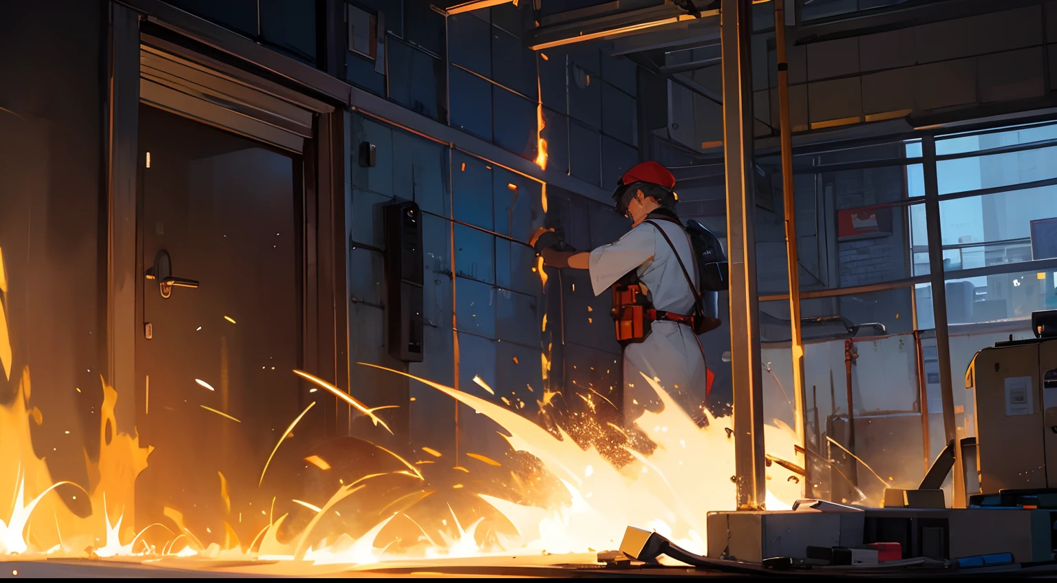 The generator caught fire，Sparks are blowing everywhere，The fire is getting bigger and bigger