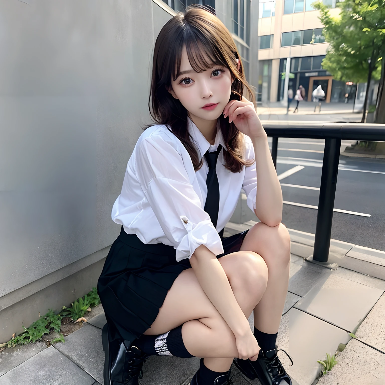 1girl, solo, sitting, shoes, looking at viewer, skirt, newspaper, sailor collar, socks, head rest, jewelry, sneakers, short hair, earrings, black hair, long sleeves, shirt, bangs, brown hair, brown eyes, full body, white socks, serafuku, school uniform, white footwear