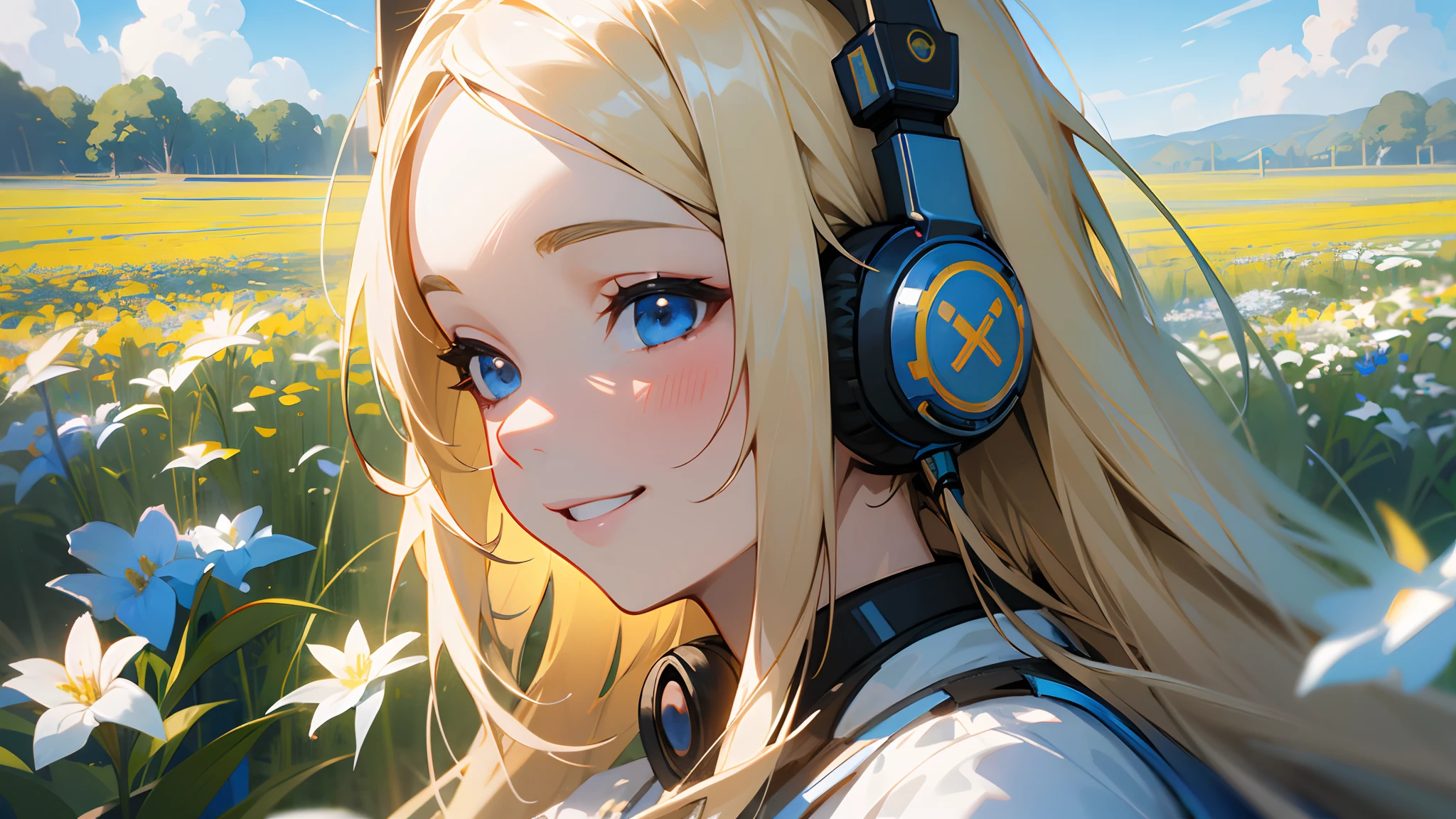 girl with long blond hair using headphones, smiling. flowery beautiful field, beautiful blue sky with some white clouds. unreal engine, hyper real --auto --s2