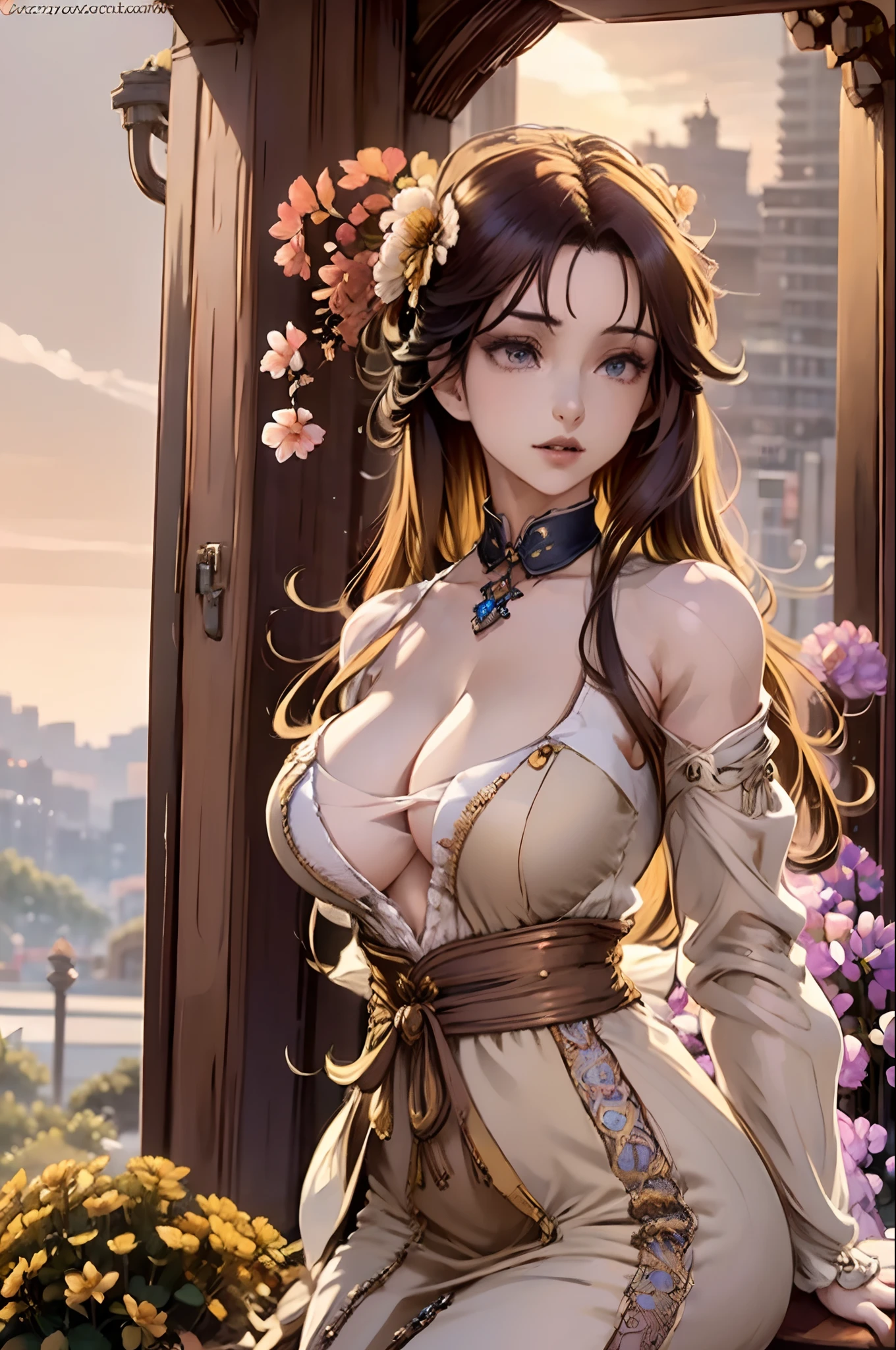 a beautiful young steam punk girl,long curly blond hair, huge boobs, thin waist , steam punk outfit, it is early evening,the sky is dark blue, purple, the sun has aet, lamps are lit, a beautiful victorian steam punk workshop with lots of huge windows, out side is a beautiful Victorian steam punk city, a conplex of many shops and apartments going verticle. there are big brass pipes , Art Nouveau architecture, flowers. a sci fi feel to it. a beautiful blond girl with blond hair is sitting at a street side cafe , the girl has huge boobs, a thin waist, she is wearing a victorian era dress outfit , steam punk style. lots if complxity, brown colors, grey ,tan clothing, a pocket watch. flying blinps, steam punk machines, huge steam punk city , vertical city. huge steam punk blimps flying iver head, steam punk planes.,