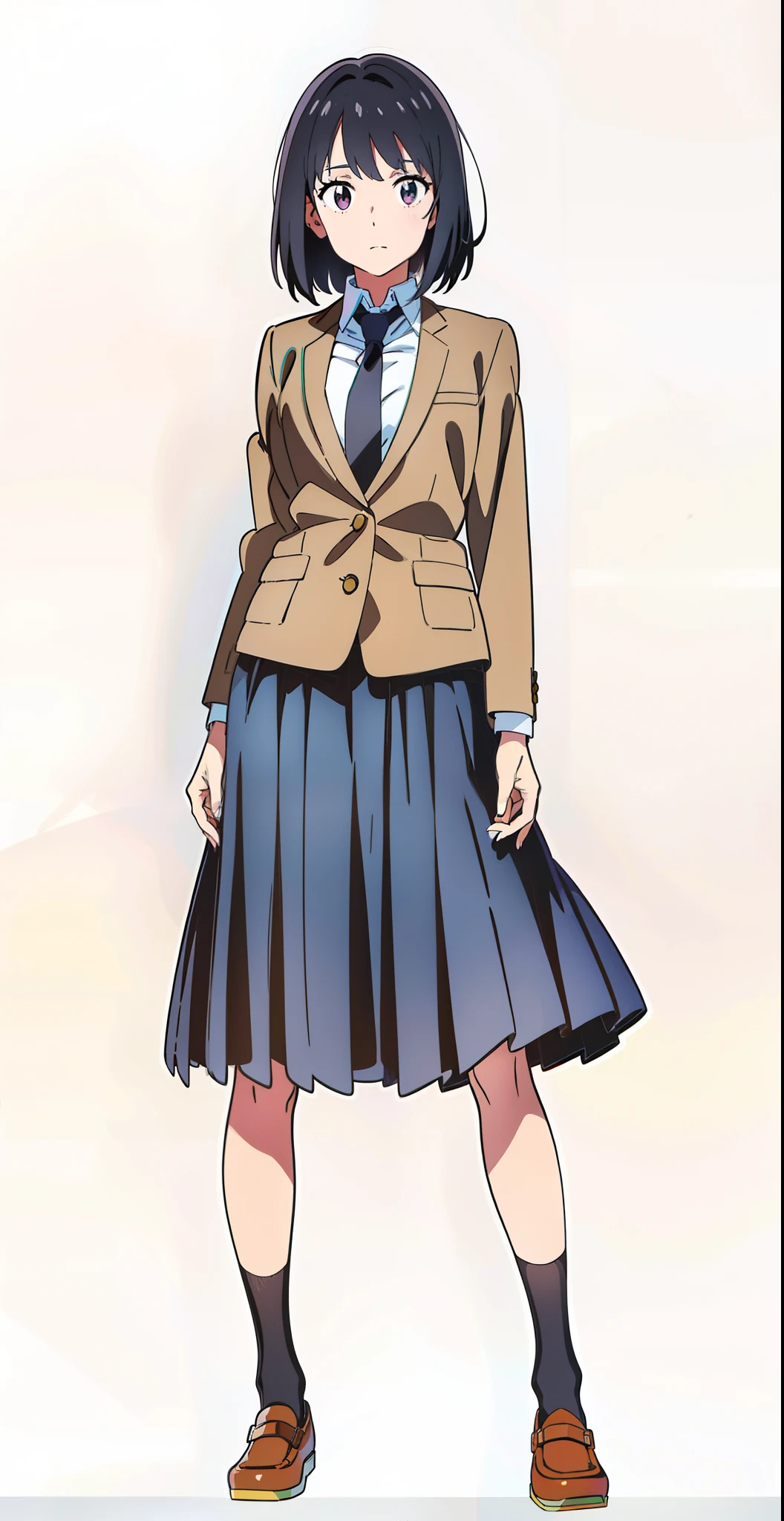 (black skirt:1.5), (anime:1.5), (official art:1.5), (white background:1.0), (best quality:1.0), (masterpiece:1.0), (full body:1.0), (solo:1.0), (a 18yo cute girl:1.1), (long skirt:1.0), (dark blue skirt:1.0), (pleated skirt:1.0), (school uniform beige blazer:1.0), (dark blue necktie:1.0), (black socks:1.0), (loafers:1.0), (ideal ratio body proportions:1.0), (lanky:1.0), (tall:1.0), (slender:1.0), (small breasts:1.0), (smaller face:1.0), (tareme:1.1), (detailed beautiful eyes:1.0), (detailed beautiful face:1.0), (glowing black eyes:1.0), (bob cut hair:1.0), (black hair:1.0)