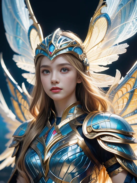 Photorealistic image ((Masterpiece)), ((high quality)) UHD 8K, of a real beautiful Viking goddess FREIYA, slim, full body, (((not anime, not 3D, not cartoon))) (freckles on face), ((long blonde hair)), (blue eyes), (((Hyper-realistic full armor, with ivory white metal and intricate details))), (((helmet with large wings))), ((long feather cape)), (in guardian position, in Asgard), Realistic photo, natural lighting, professional DSLR camera