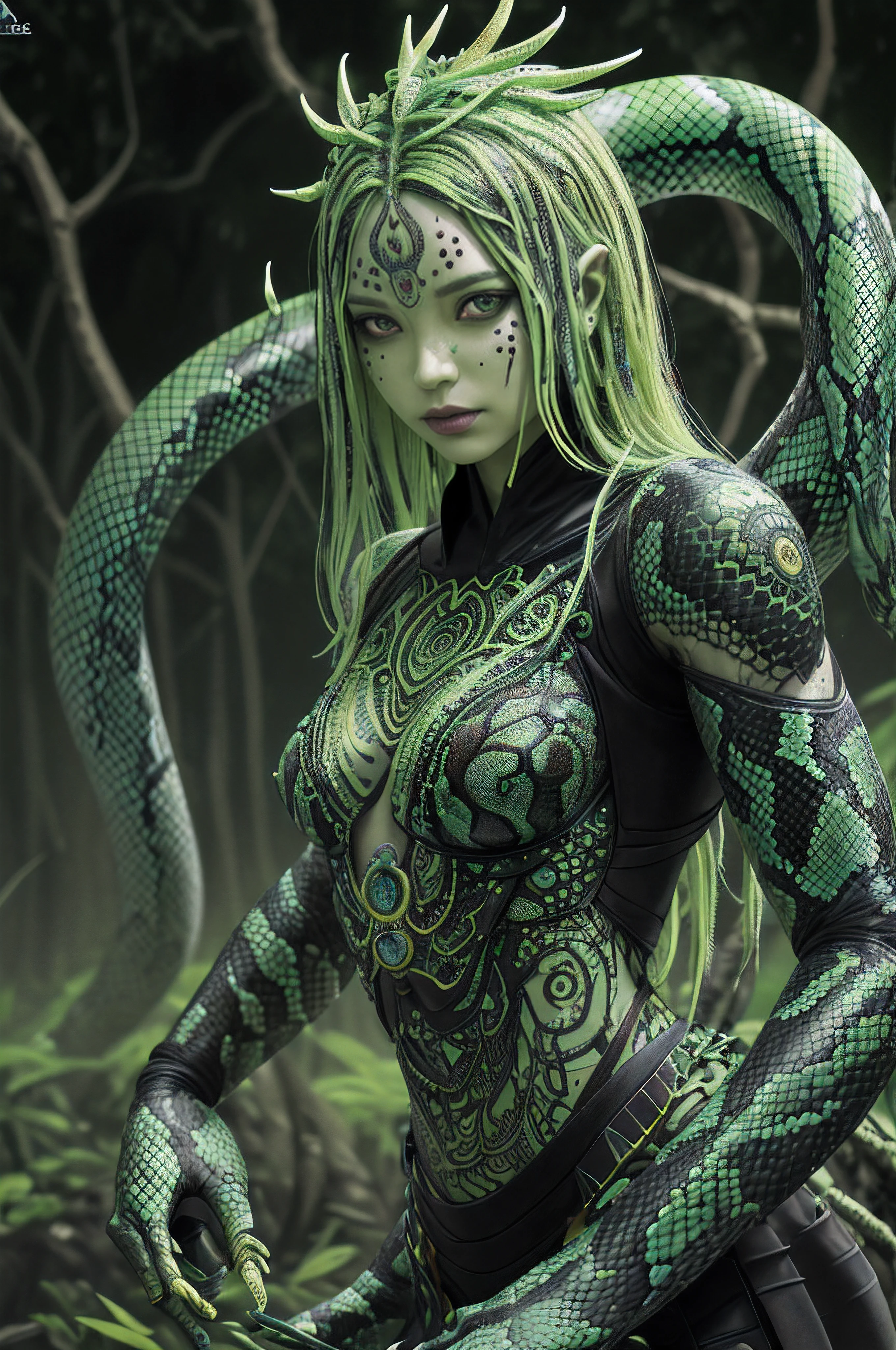 chica anime sosteniendo una serpiente en sus manos con un fondo negro, un dibujo anime de Ross Tran, tendencia en deviantart, fantasy art, mujer serpiente, Dama con cara de serpiente, mujer serpiente hybrid, sus muchas serpientes como cabello, reina de las serpientes, loish y wlop, hybrid human snake, dark reina de las serpientes, lamia, con serpientes para el pelo