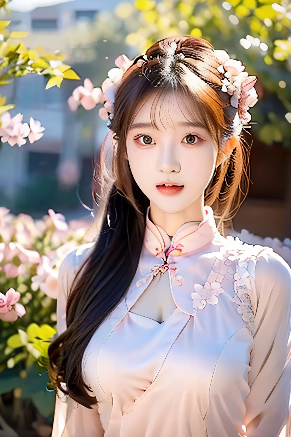 An innocent woman in a cheongsam，China-style，There are pink peach blossoms around，Twenty years old，Relatively plump body, Delicate facial features,Innocent eyes, realistic picture quality,Asian women