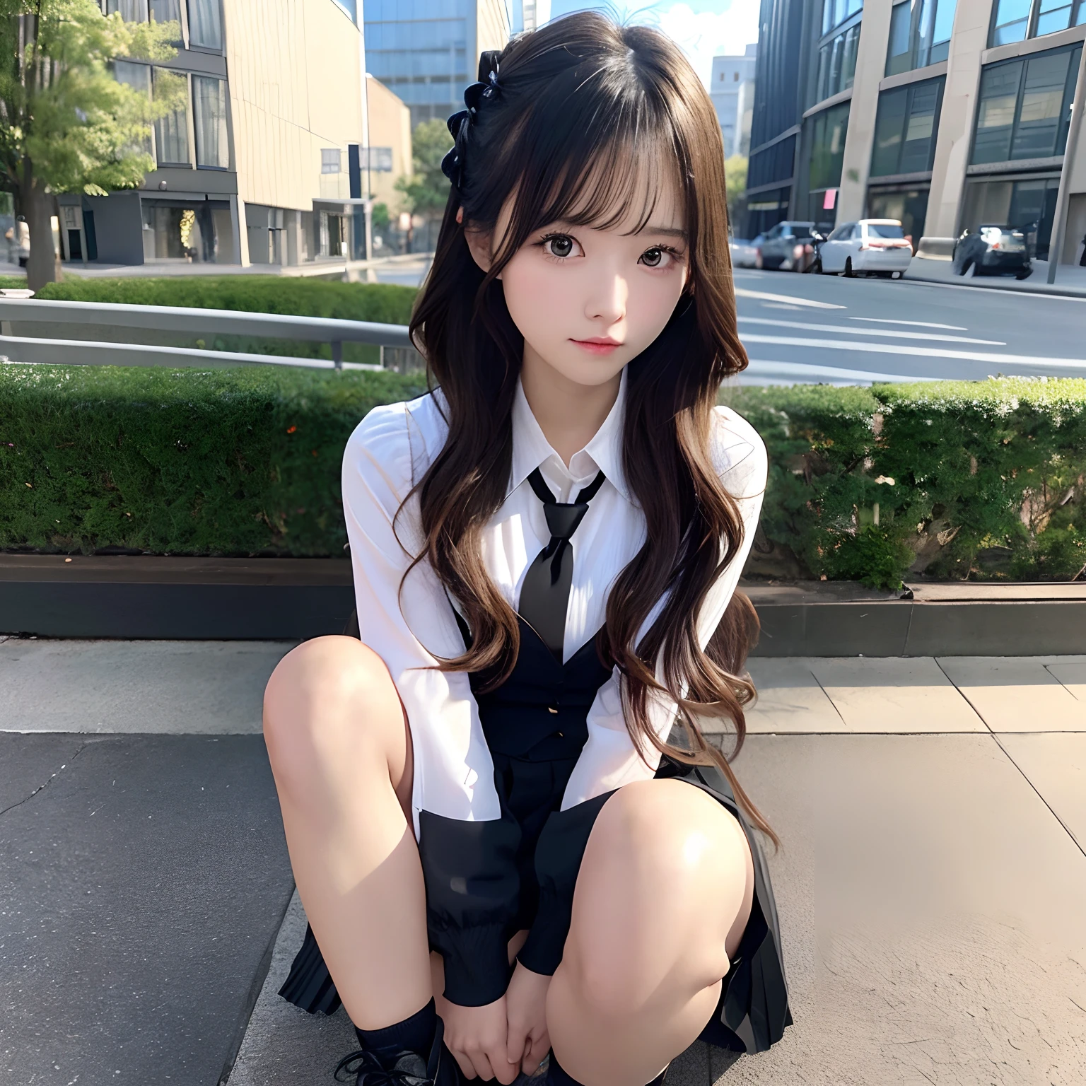 hight resolution,masutepiece,Best Quality,Extremely detailed, hyper realisitic, girl with, sitting, Put your hands on your knees, hair wavy, in town, Black pleats skirt, black shoes, neck tie, open one's legs, Very beautiful,cute, 8K Wallpaper, Fine detail, Very detailed 8k wallpaper