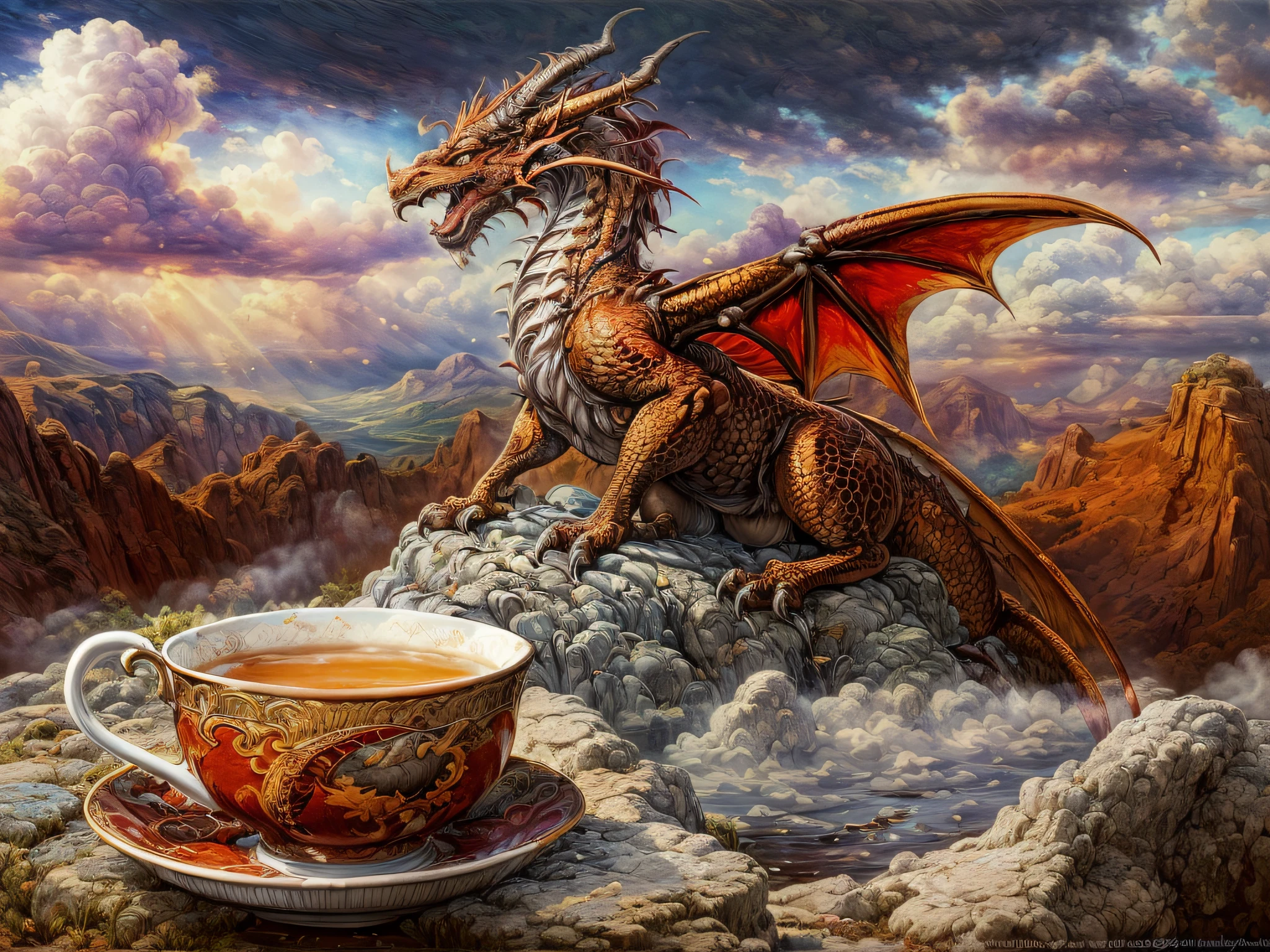 a picture of a red dragon sitting on a massive rock , holding a tea cup (drinking hot tea from a porcelain tea cup: 1.5) (best details, Masterpiece, best quality :1.5), dragon_real cloudy skies background, an epic red dragon (best details, Masterpiece, best quality :1.5) extremely detailed dragon,  horns, dragon_wings, dragon wings wide spread, ultra detailed face,  the tea cup is majestic, with intricate decorations  (best details, Masterpiece, best quality :1.3), steam rising from the tea cup, birds view, sun rays, red divine rays, sun rays reflected in clouds (best details, Masterpiece, best quality :1.5), sense of serenity sense of awe majestic atmosphere, ultra best realistic, best details, best quality, 16k, [ultra detailed], masterpiece, best quality, (extremely detailed), ultra wide shot, photorealism, depth of field, hyper realistic painting,