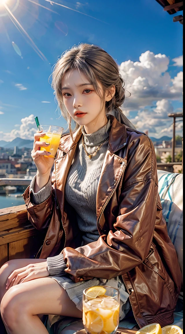 front side photo,filmg,8K,OriginalPhoto,While drinking lemon juice,Lemon slices for garnish,Empty table,Burgundy leather coat,Exposed shoulder,silverlong hair,Lemon slices in a water glass