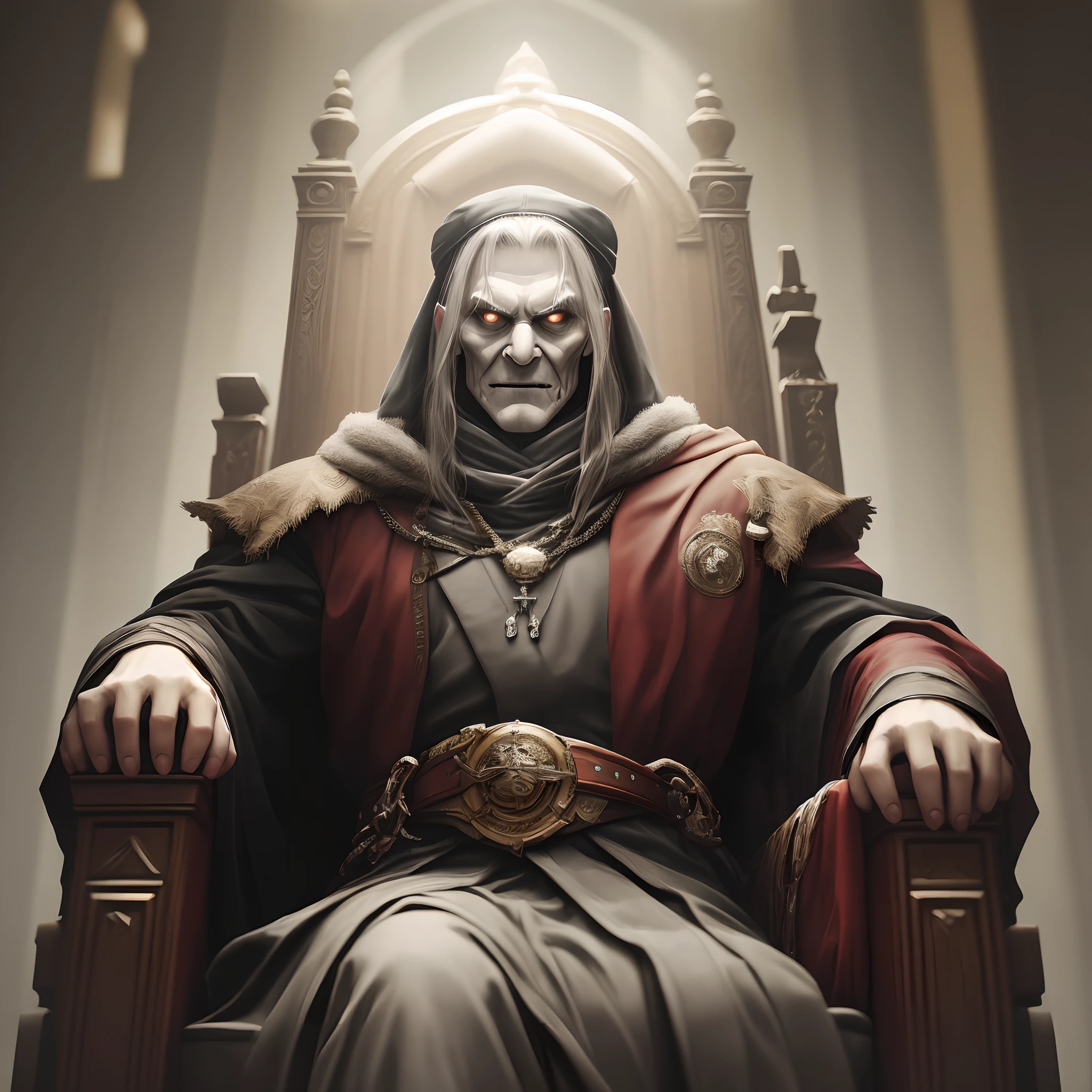 Scarry man sit on a throne
