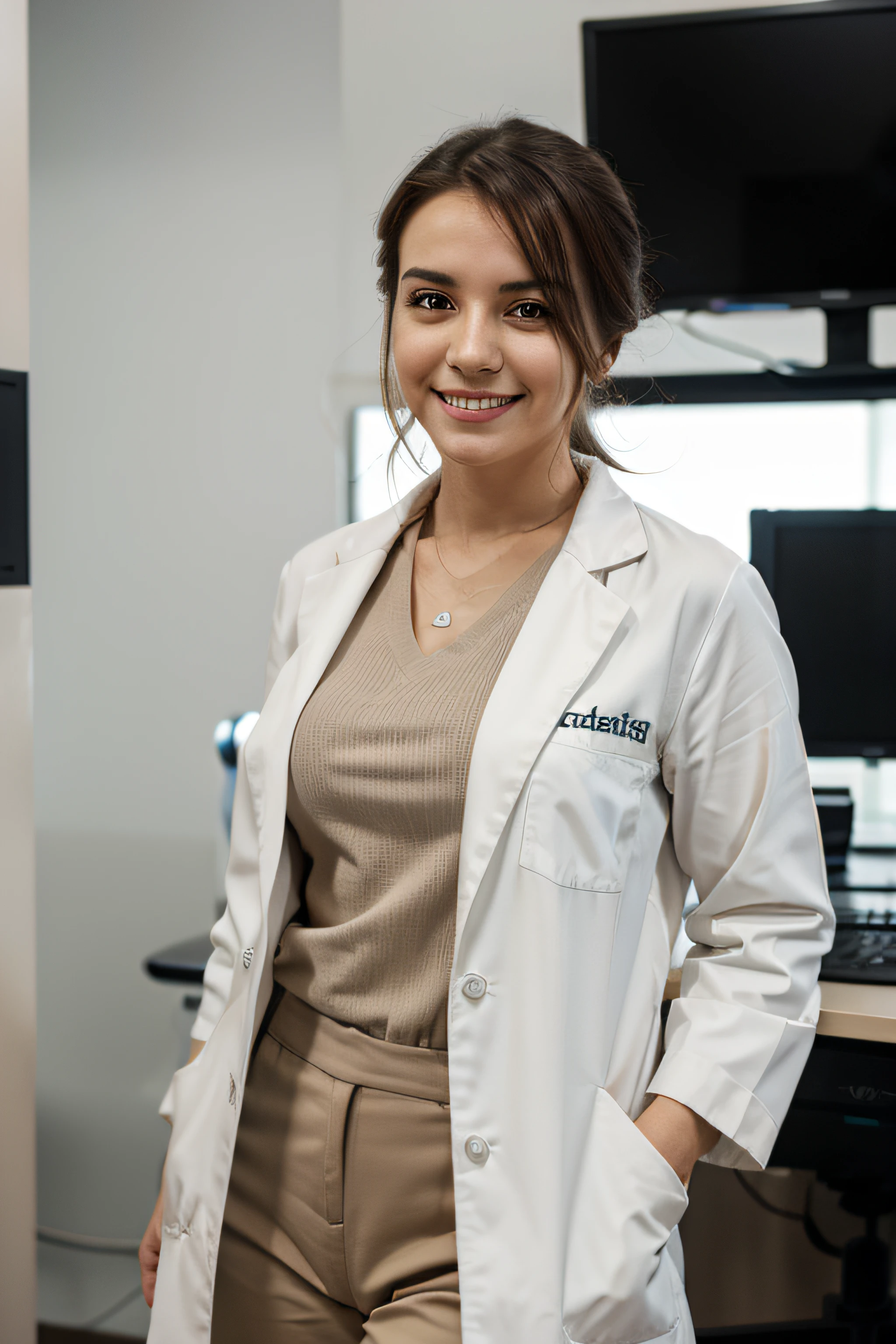 Radiologist in Lab Coat. She's smiling, loira. Sentada na sua mesa, em frente ao computador. In the office with bauhaus décor.