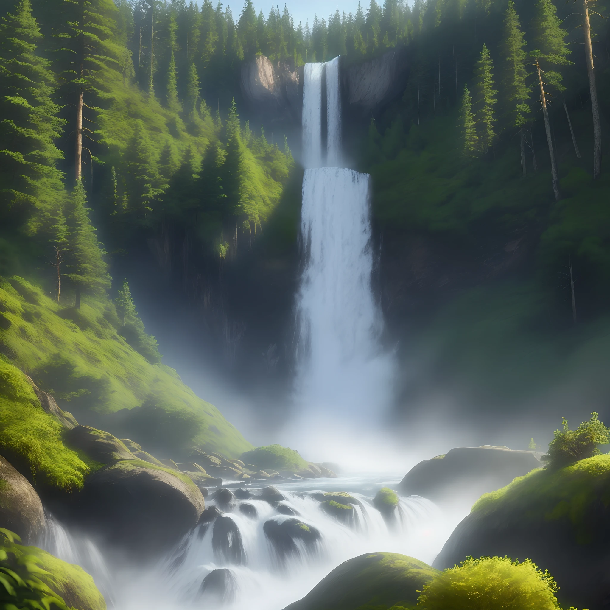 Huge waterfall in between of a evergreen forests 8k quality hyper realistic
