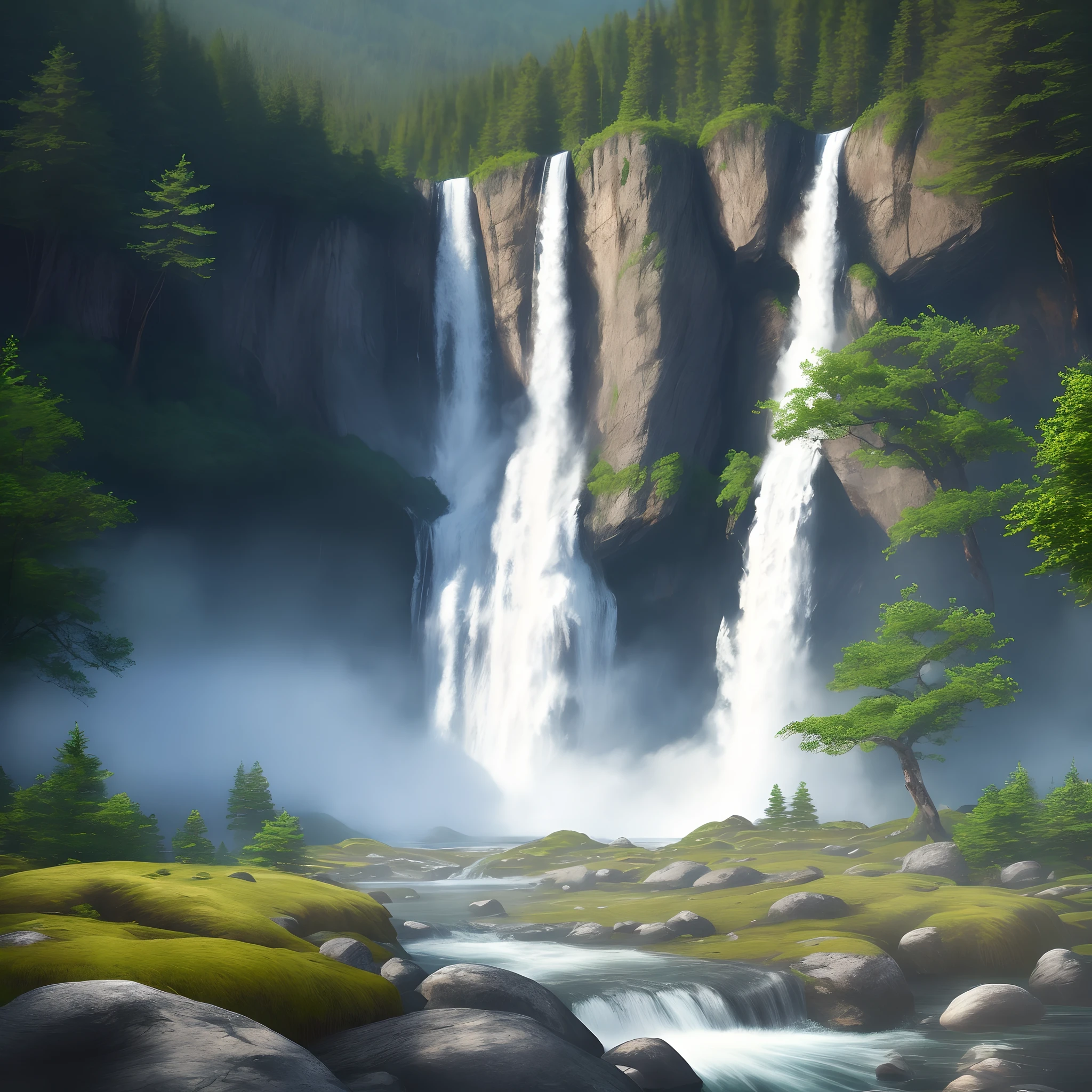 Huge waterfall in between of a evergreen forests 8k quality hyper realistic