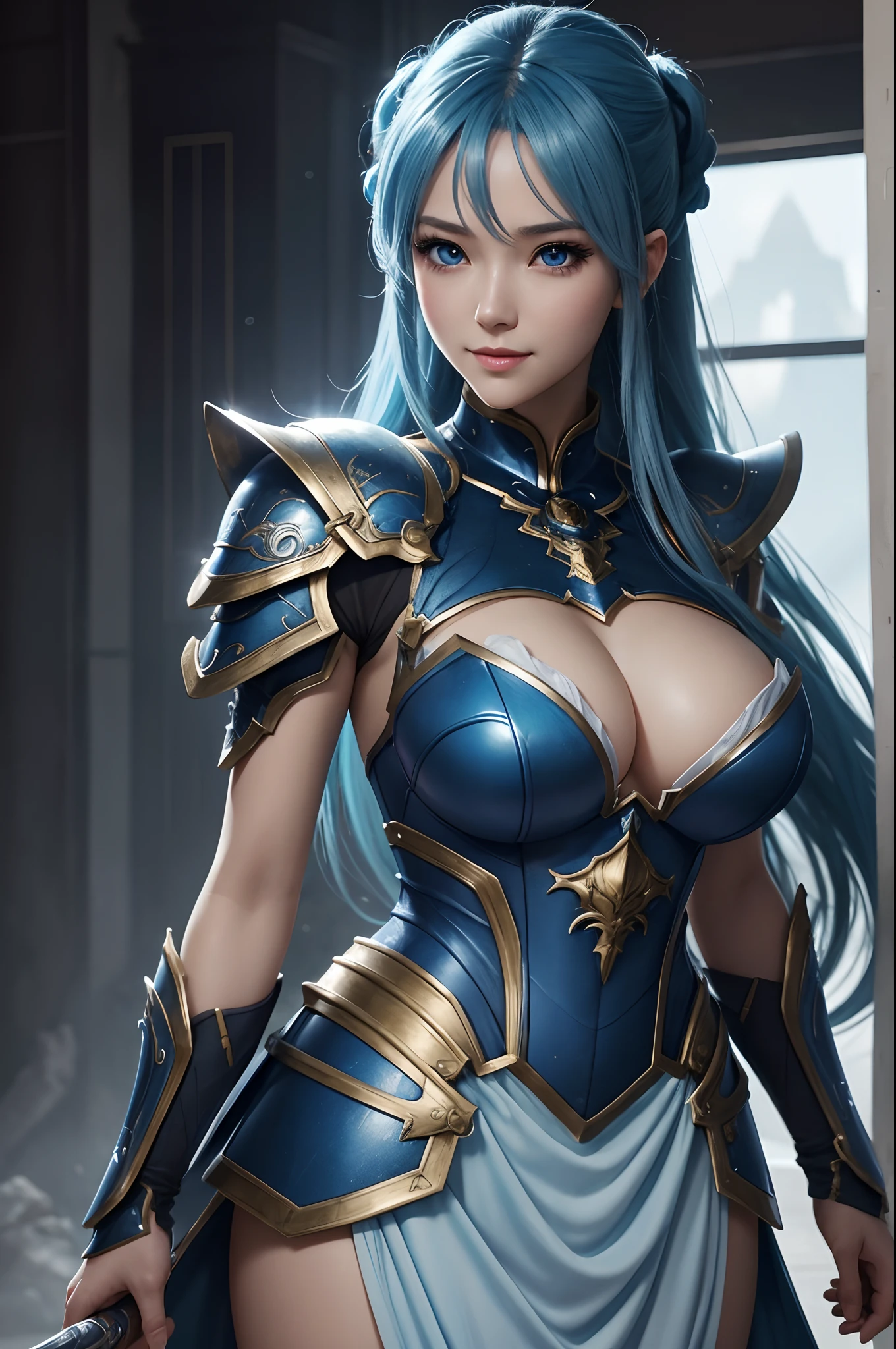 8K,Close-up of a woman in a blue and white dress、blue hairs, Super beauty,(Like the real thing)Blue eyes,poneyTail,Chengwei Pan on Artstation、 Yang J 作、 Detailed fantasy art、Stunning character art、 Fan Art Best Art Station、 Magnificent exquisite character art、 Beautiful armor、Highly detailed Artgerm、 Detailed Digital Animation Art、 Artgerm on ArtStation Pixiv、 Girl in Armor,dynamic ungle,超A high resolution,a smile,real looking skin,enticing,A sexy,Active,