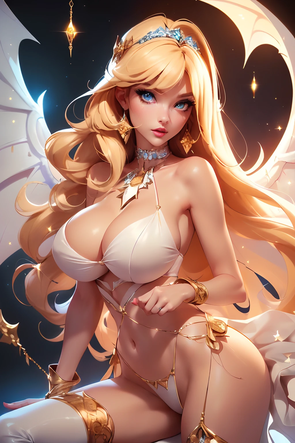 ((sexy tall supermodel)) ((beautiful face)) (red lipstick) ((big bright eyes)) ((very long blonde messy with long bangs covering one eye)) ((pale skin)) ((very huge breast:1.5)) (perfect body:1.3) ((wears fantasy white sequin tiny string thong, decorated with diamonds)) ((choker, white high heels, big cosplay wings ornamented with diamonds)) ((sexy supermodel posing inside photo studio for camera photoshoot, light of reflector over her)) (high resolution, dynamic shadows)((photorealistic:1.5)) ((masterpiece:1.3)) (8k) (perfect face) (best quality) (perfect hands and eyes)