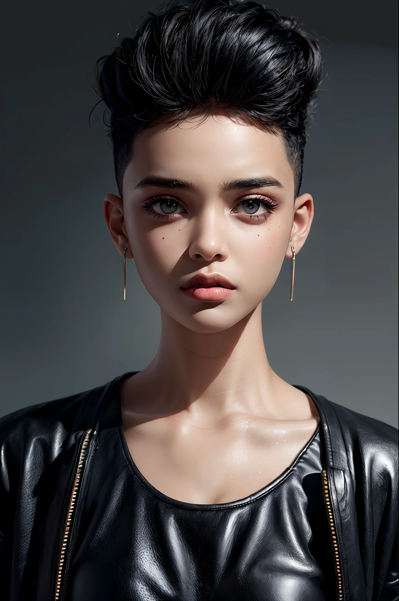18-year-old female,(hi-top fade:1.3), long hair, dark theme, Calm tone, subdued colors, High Contrast, (Natural skin texture, hyperrealism, Soft light, Sharp)